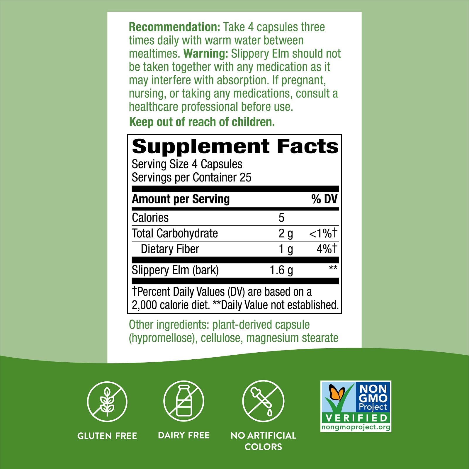 Nature's Way Slippery Elm Capsules with ingredients list