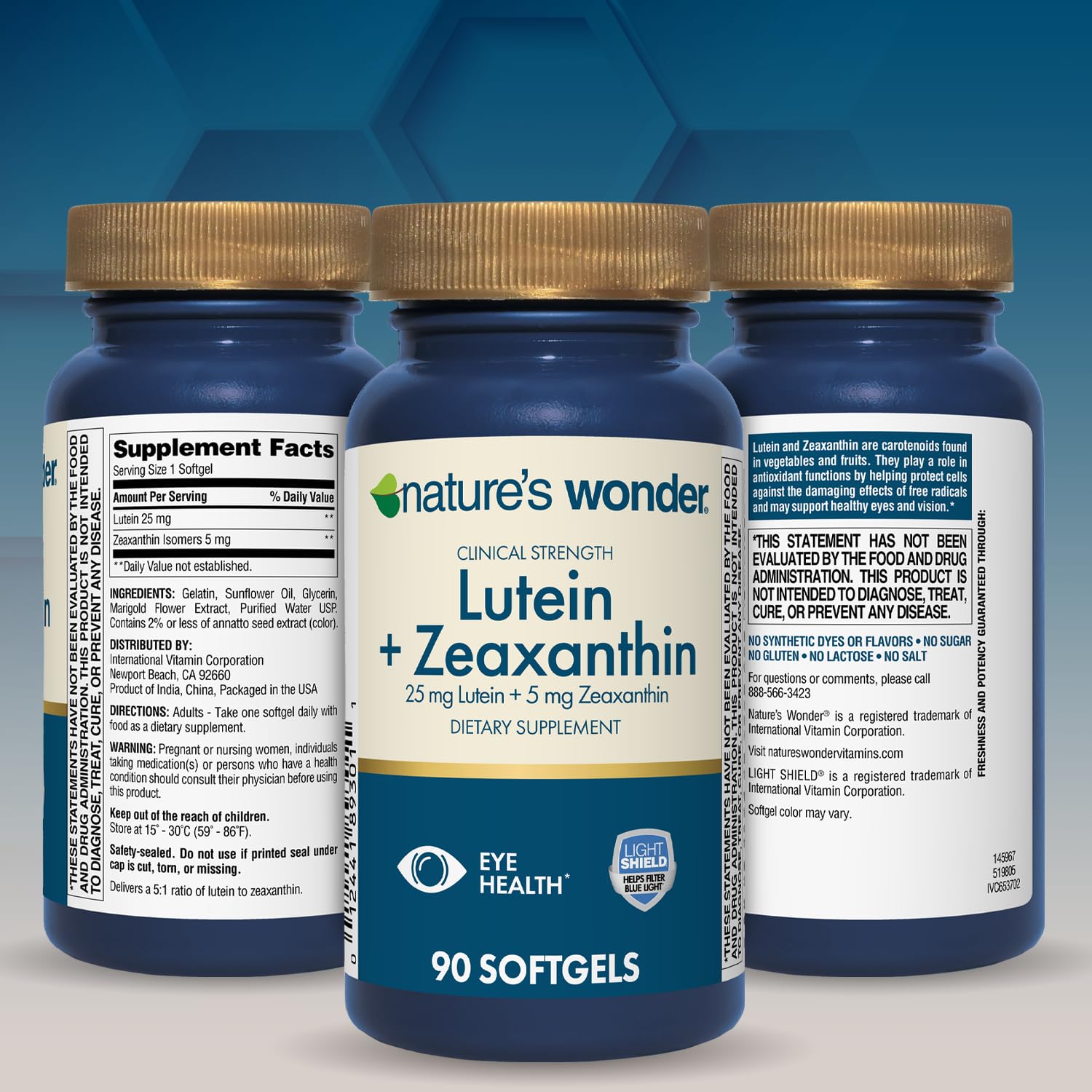 Nature's Wonder Lutein & Zeaxanthin Softgels on a wooden table