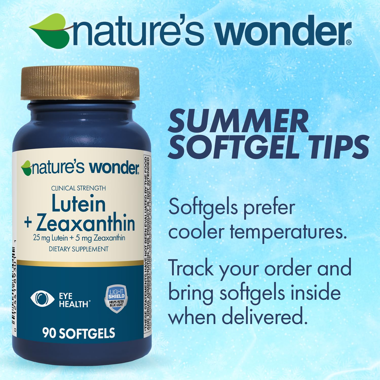 Nature's Wonder Lutein & Zeaxanthin Softgels with a glass of water