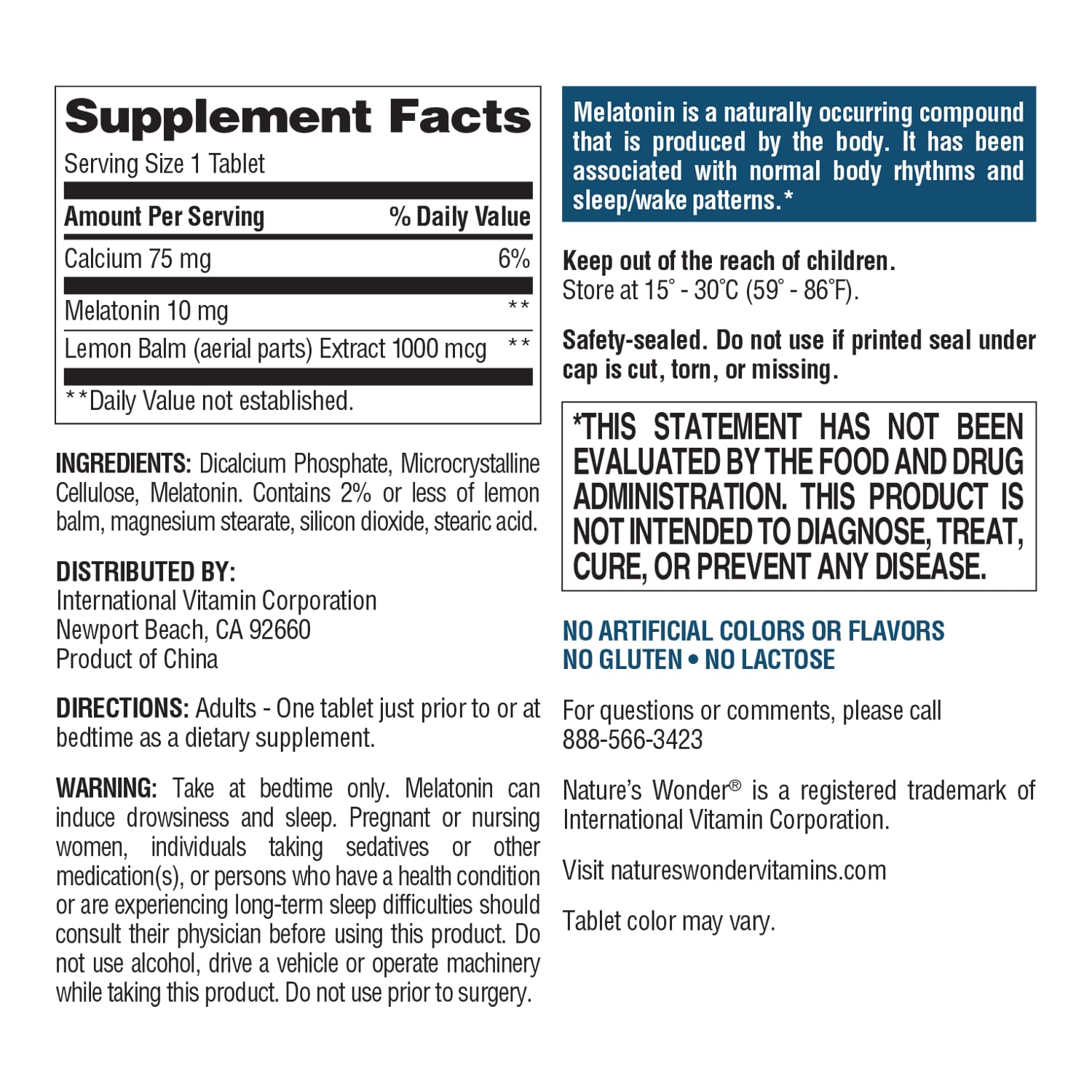 Nature's Wonder Melatonin with Lemon Balm Tablets ingredients list