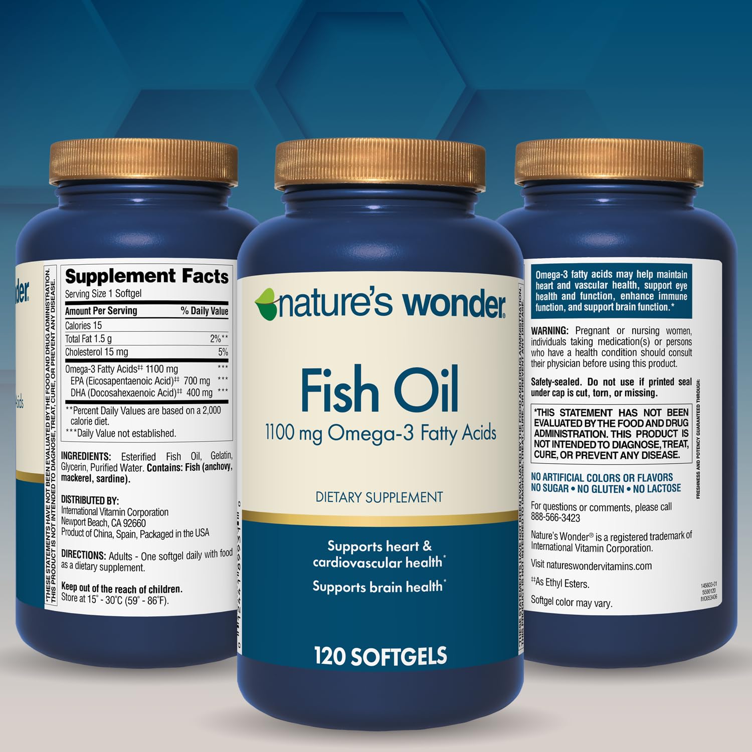 Nature's Wonder Omega 3 Fish Oil Softgels displayed on a table