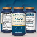 Nature's Wonder Omega 3 Fish Oil Softgels displayed on a table