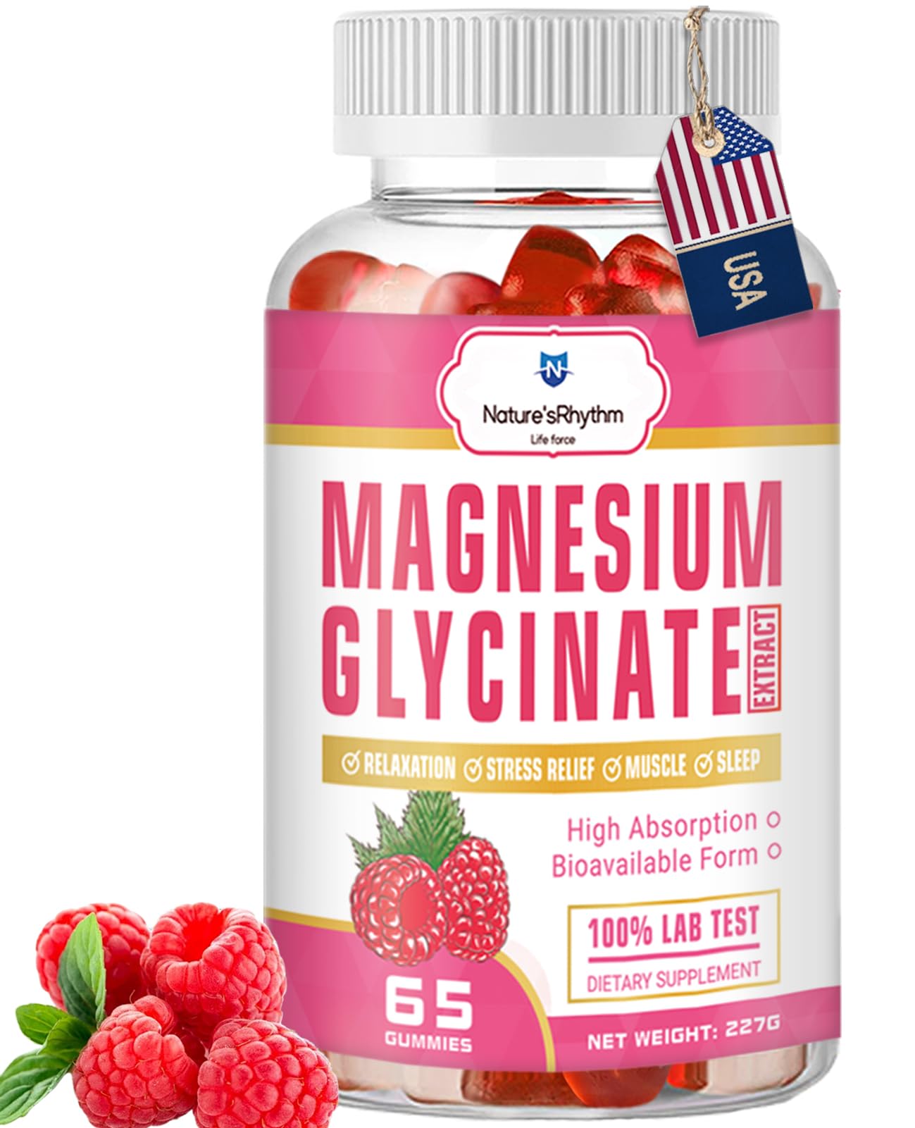 Nature'sRhythm Magnesium Gummies front view with raspberry flavour