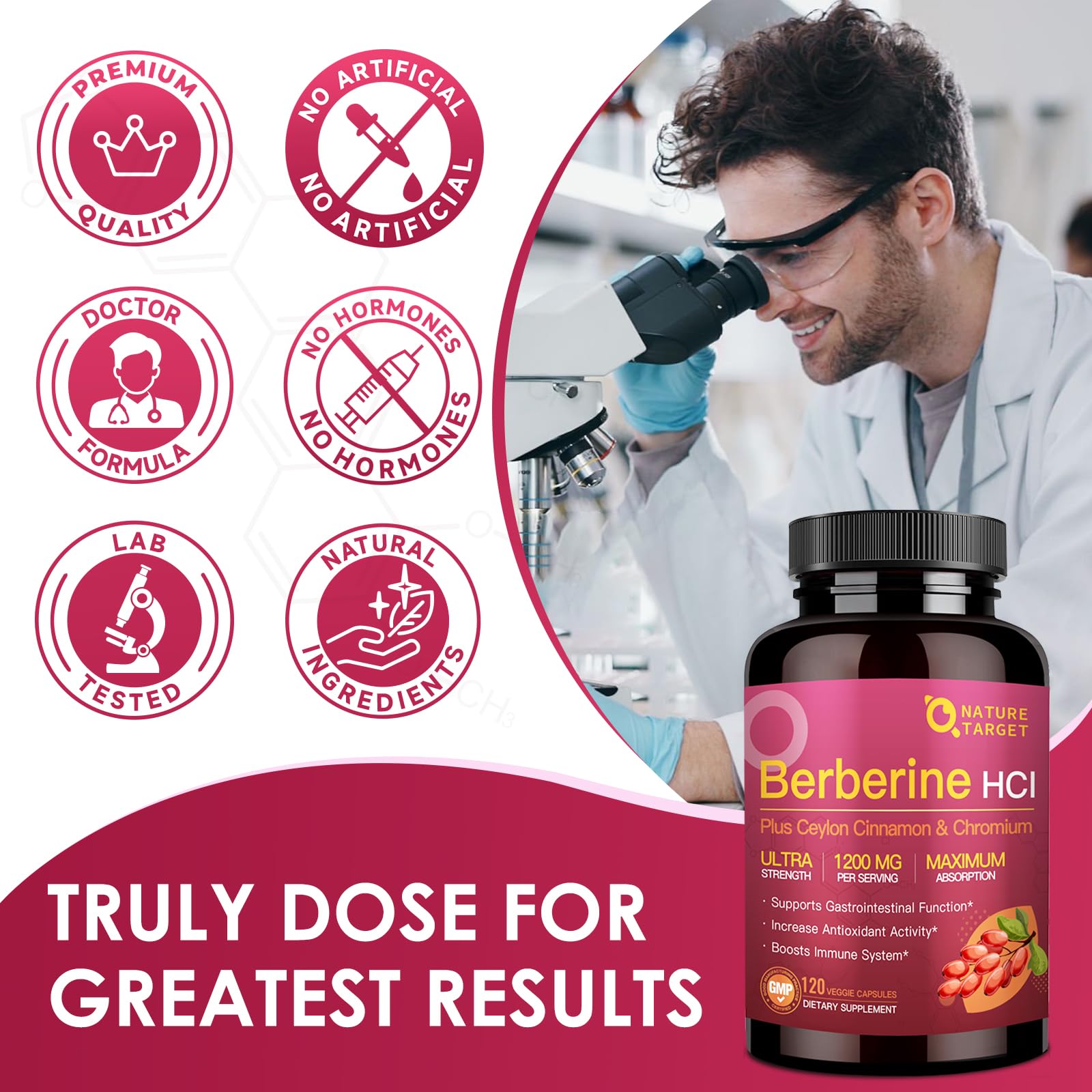 NATURE TARGET Berberine HCl Capsules lifestyle shot with a glass of water