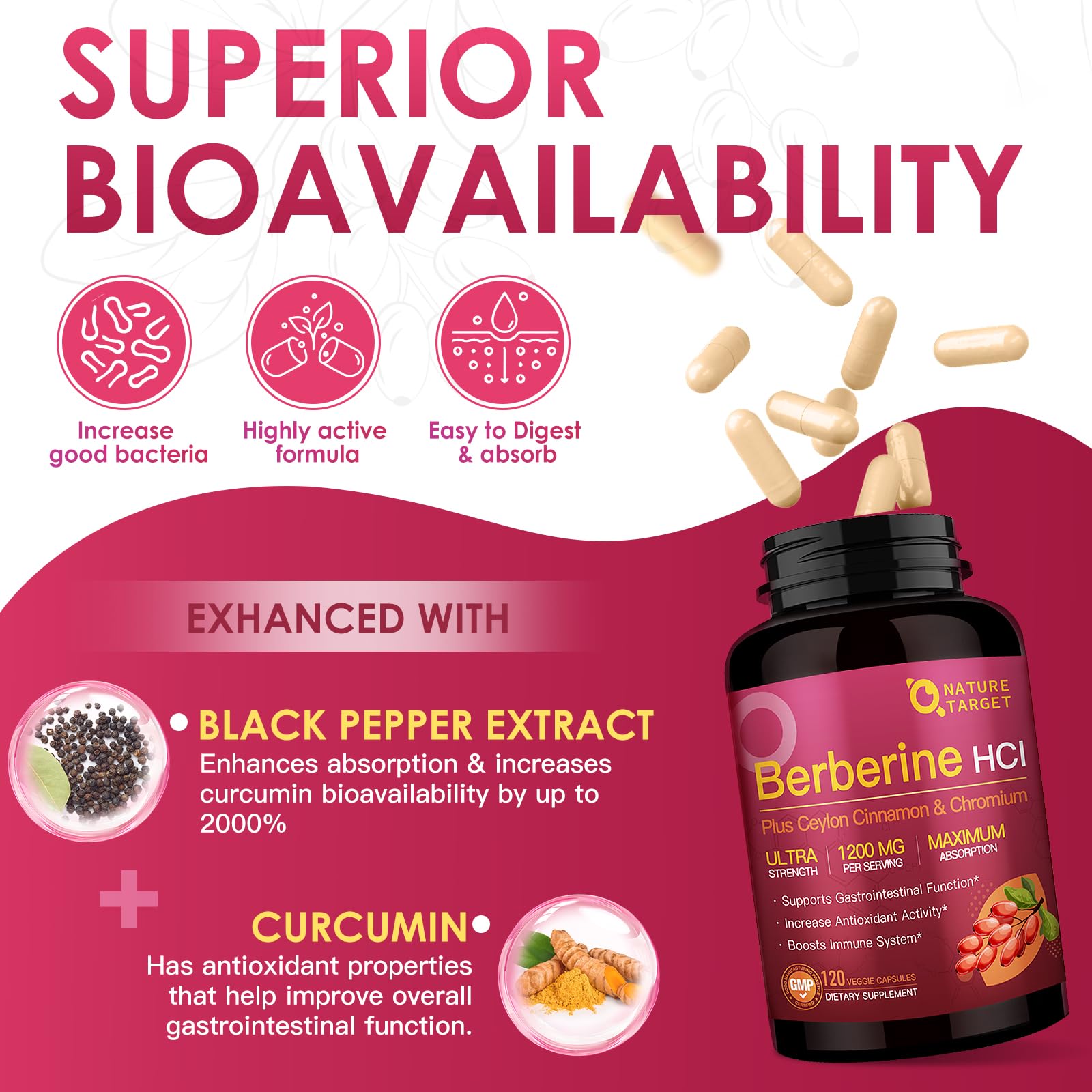 NATURE TARGET Berberine HCl Capsules with Ceylon Cinnamon sticks