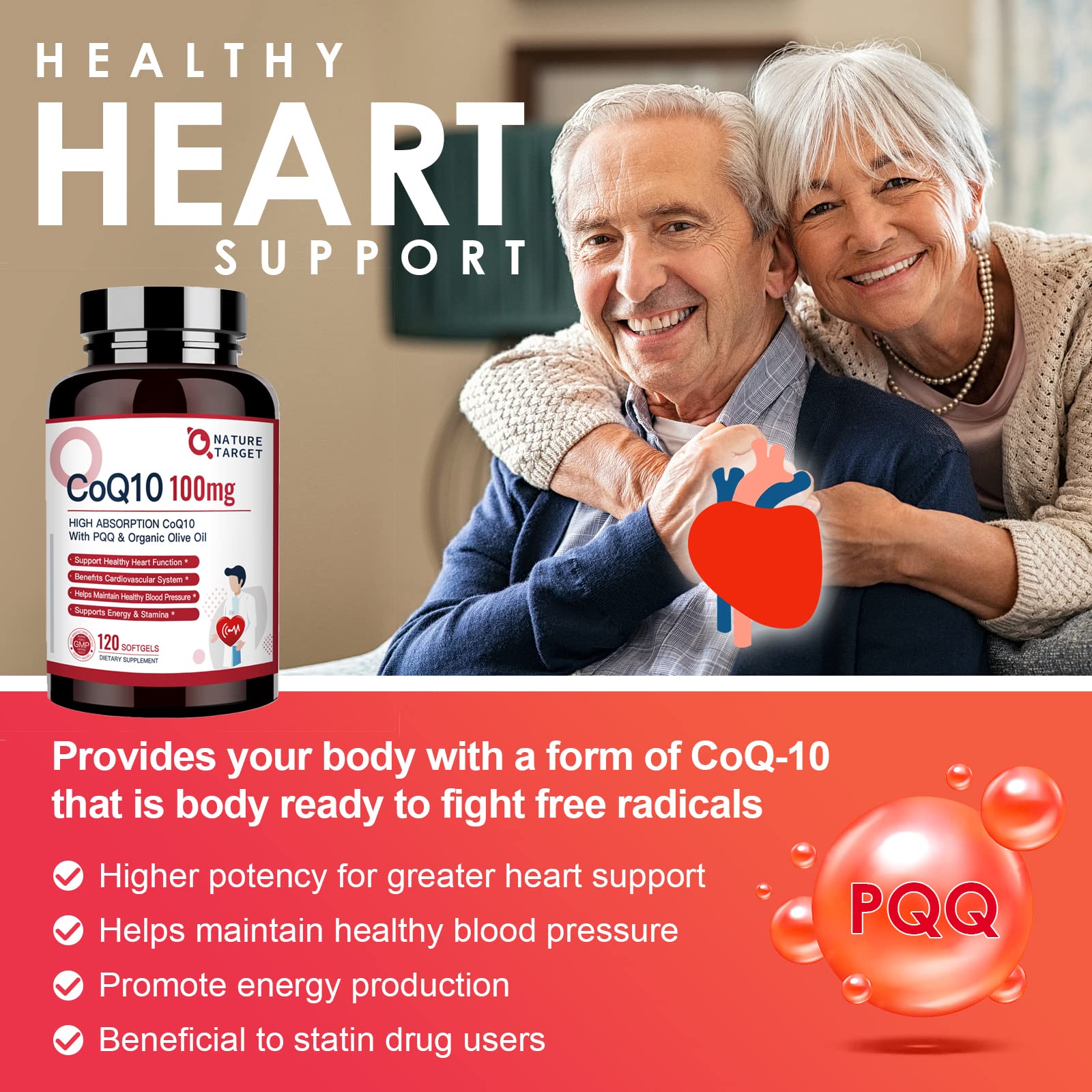 NATURE TARGET CoQ10 100mg softgels back view with ingredient list