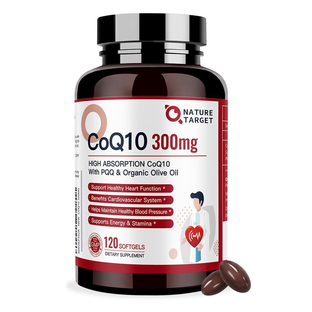 NATURE TARGET CoQ10 300mg Softgels front view with bottle label