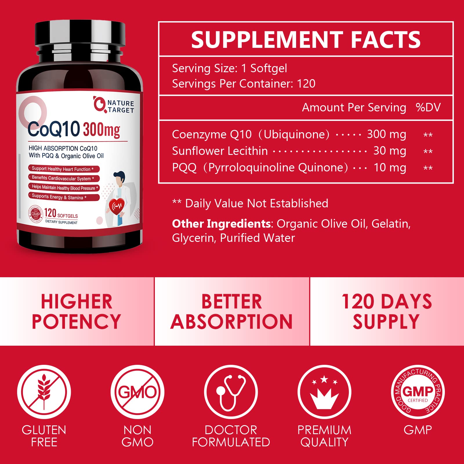 NATURE TARGET CoQ10 300mg Softgels side view of the bottle