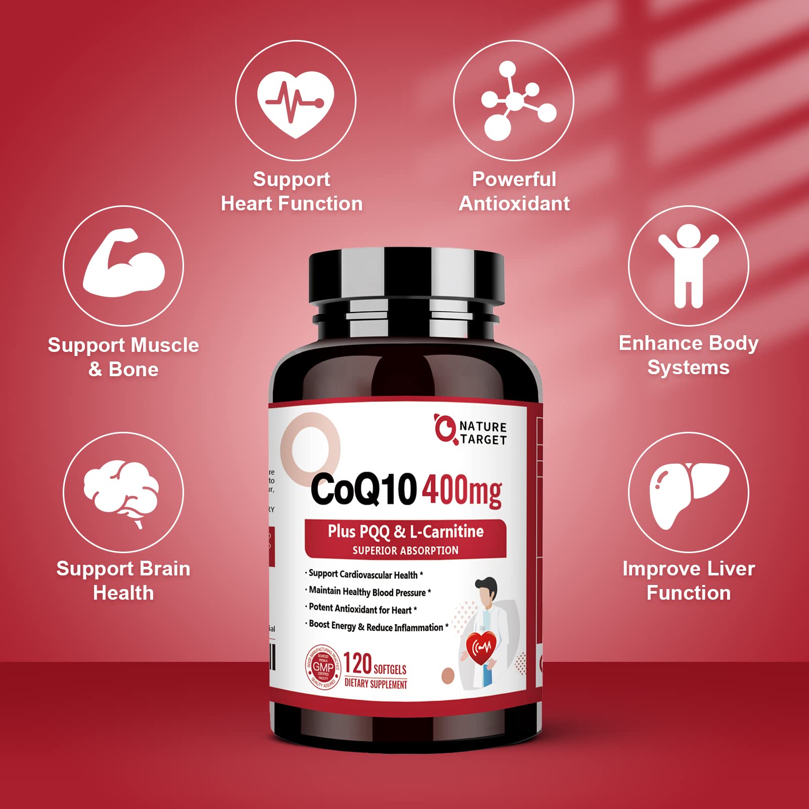 NATURE TARGET CoQ10 400mg Softgels back view with ingredient list