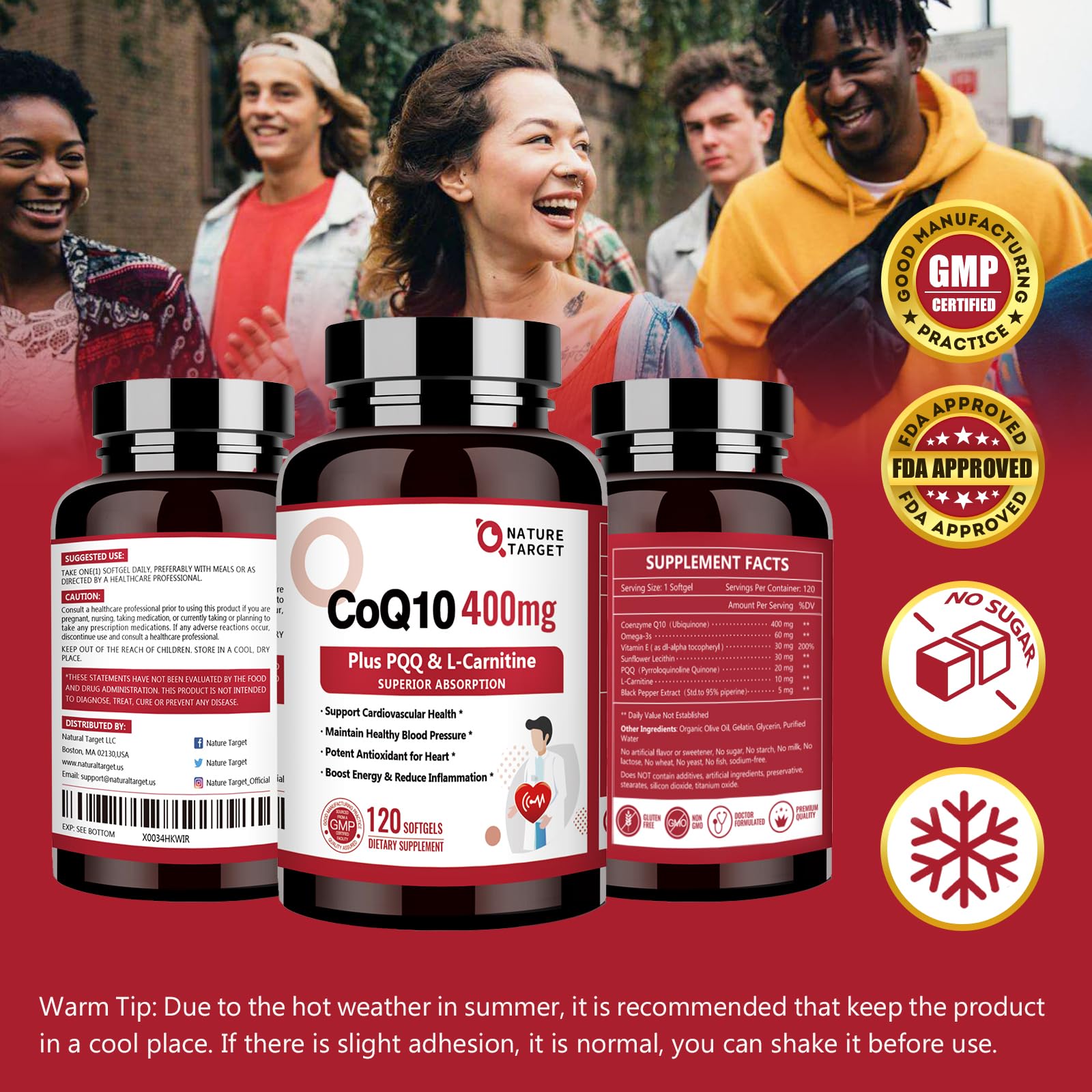 NATURE TARGET CoQ10 400mg Softgels with a glass of water