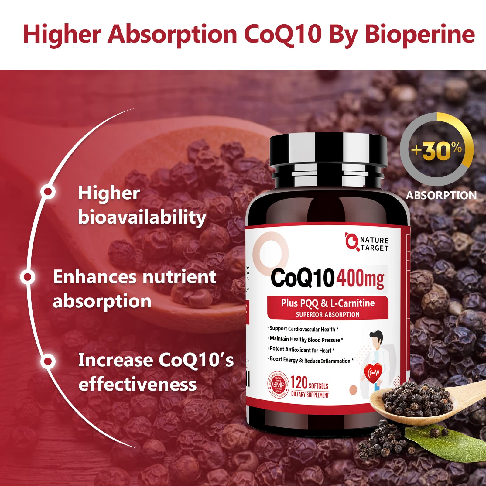 NATURE TARGET CoQ10 400mg Softgels with a measuring spoon