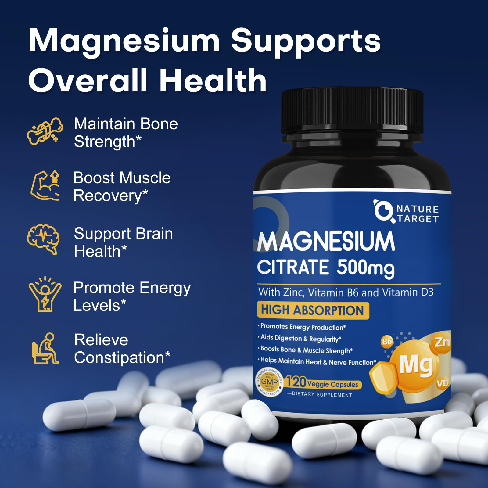 NATURE TARGET Magnesium Citrate 500mg bottle with label
