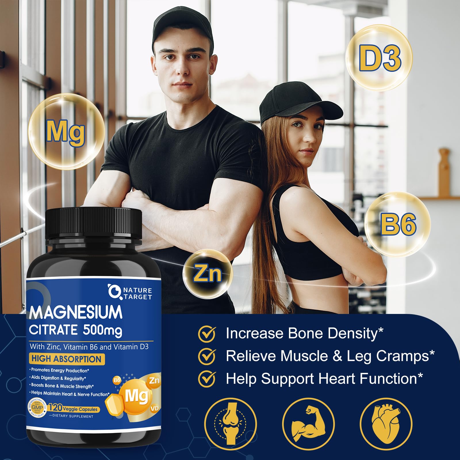 NATURE TARGET Magnesium Citrate 500mg capsules on a wooden surface