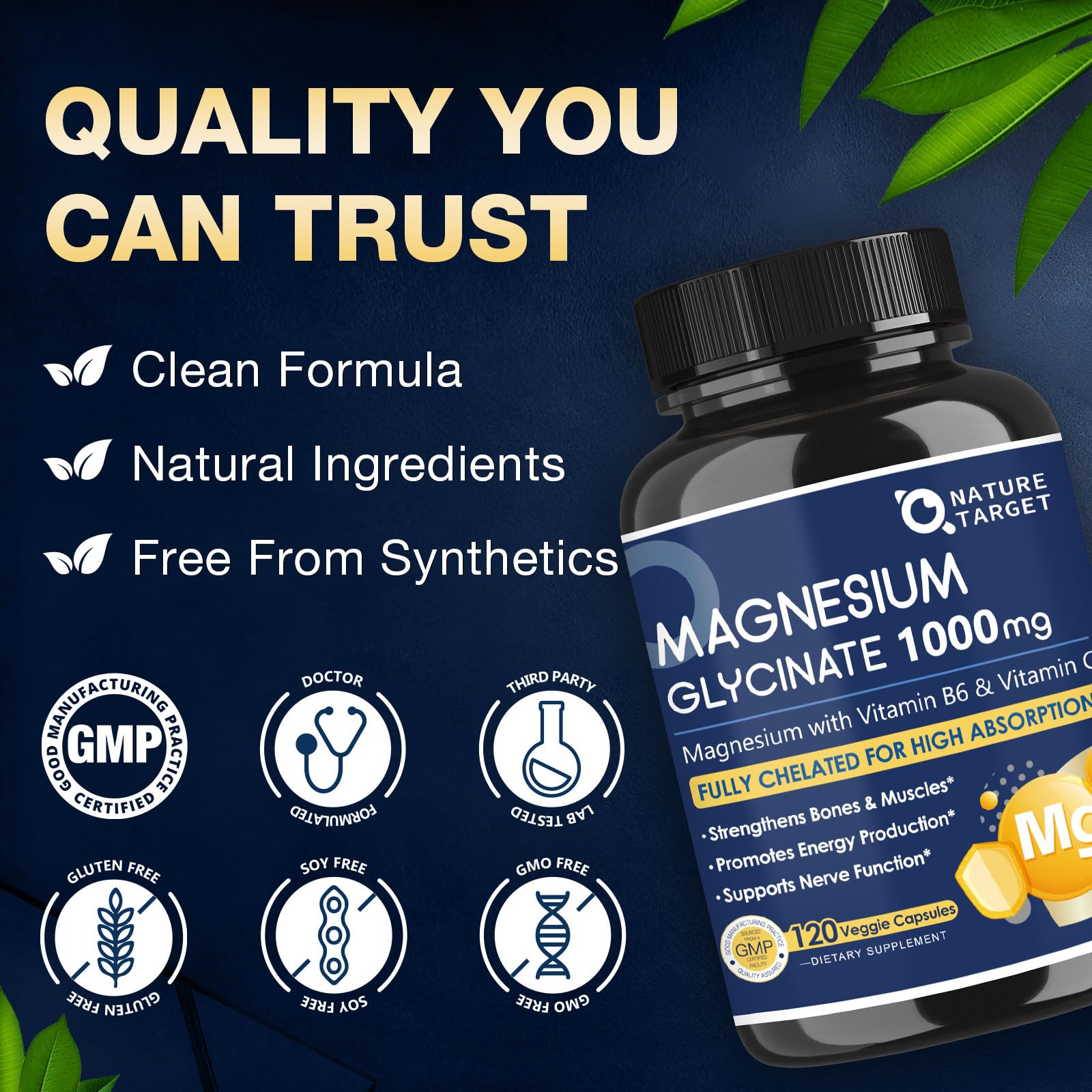 NATURE TARGET Magnesium Glycinate Capsules 1000mg with Vitamin C