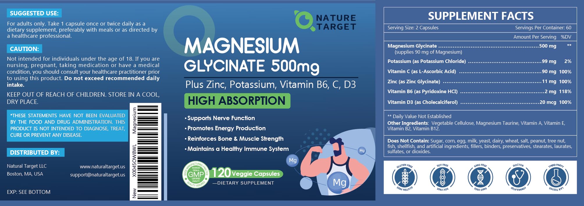 NATURE TARGET Magnesium Glycinate Capsules packaging side view