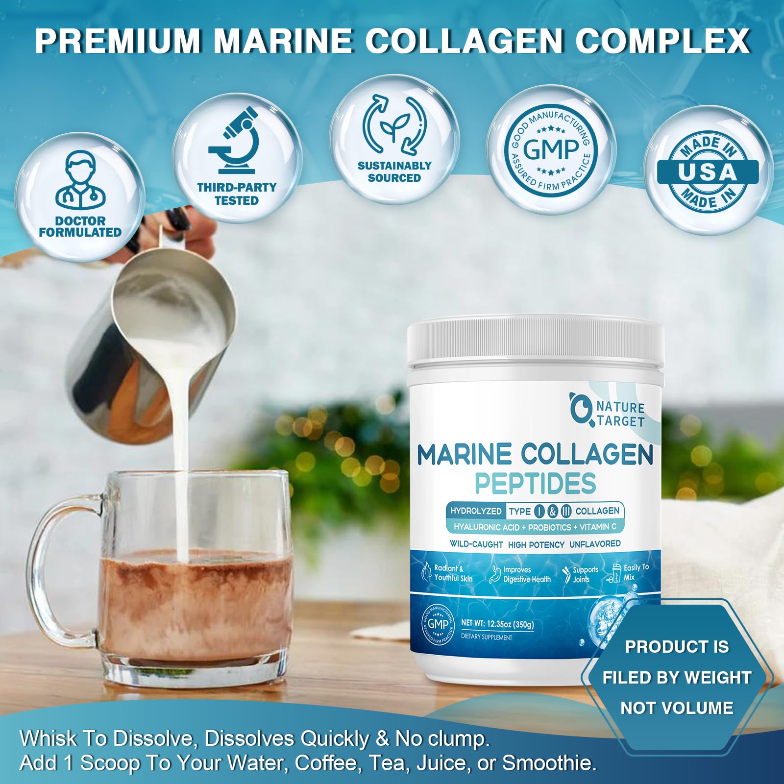NATURE TARGET Marine Collagen Peptides on a kitchen counter
