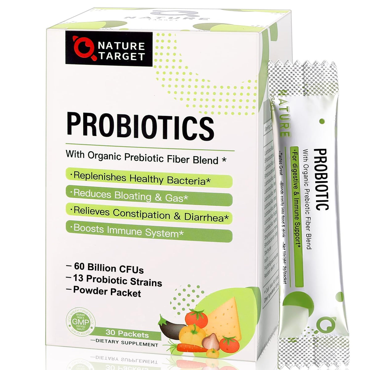 NATURE TARGET Probiotic Powder front view with packaging