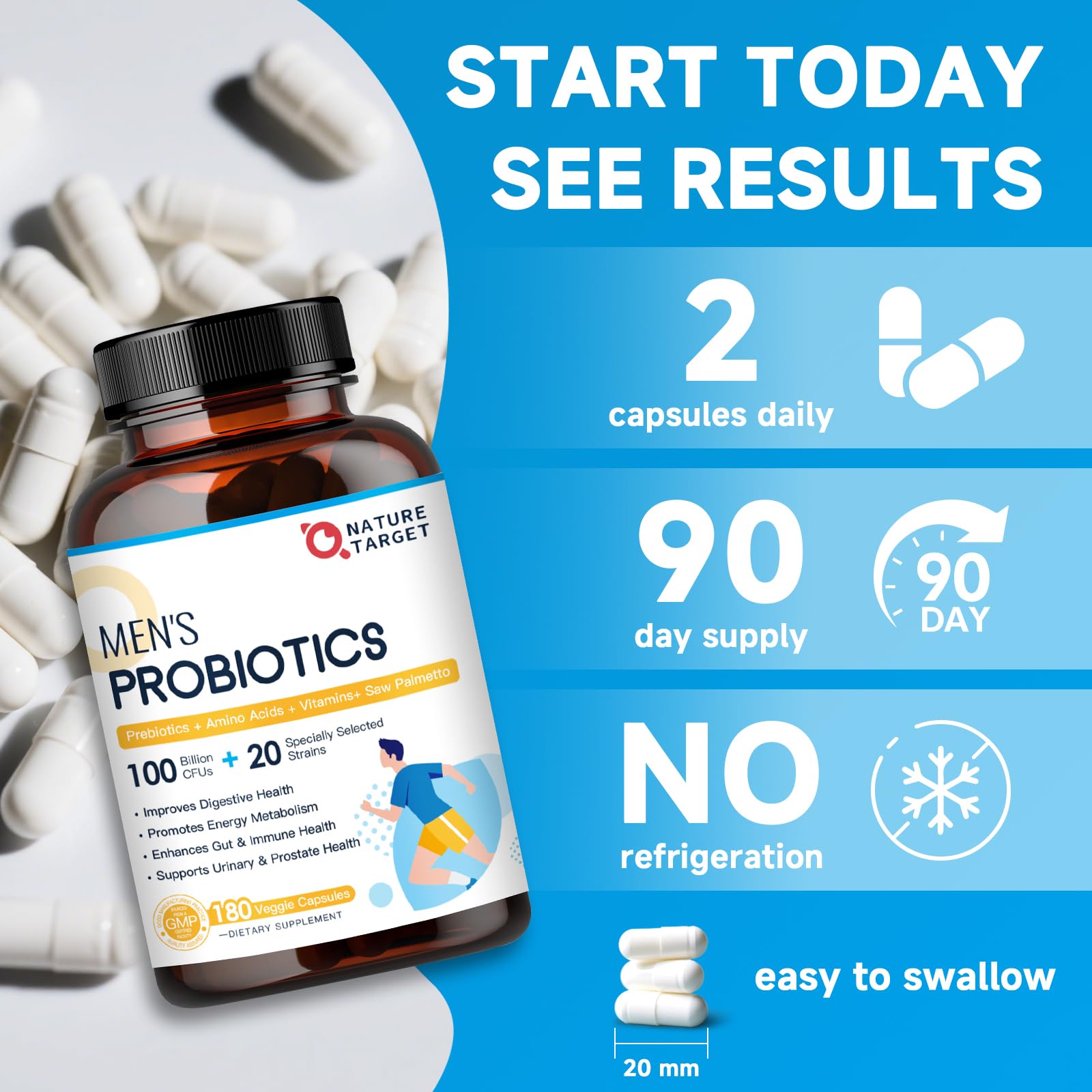 NATURE TARGET Probiotics for Men displayed with fresh fruits
