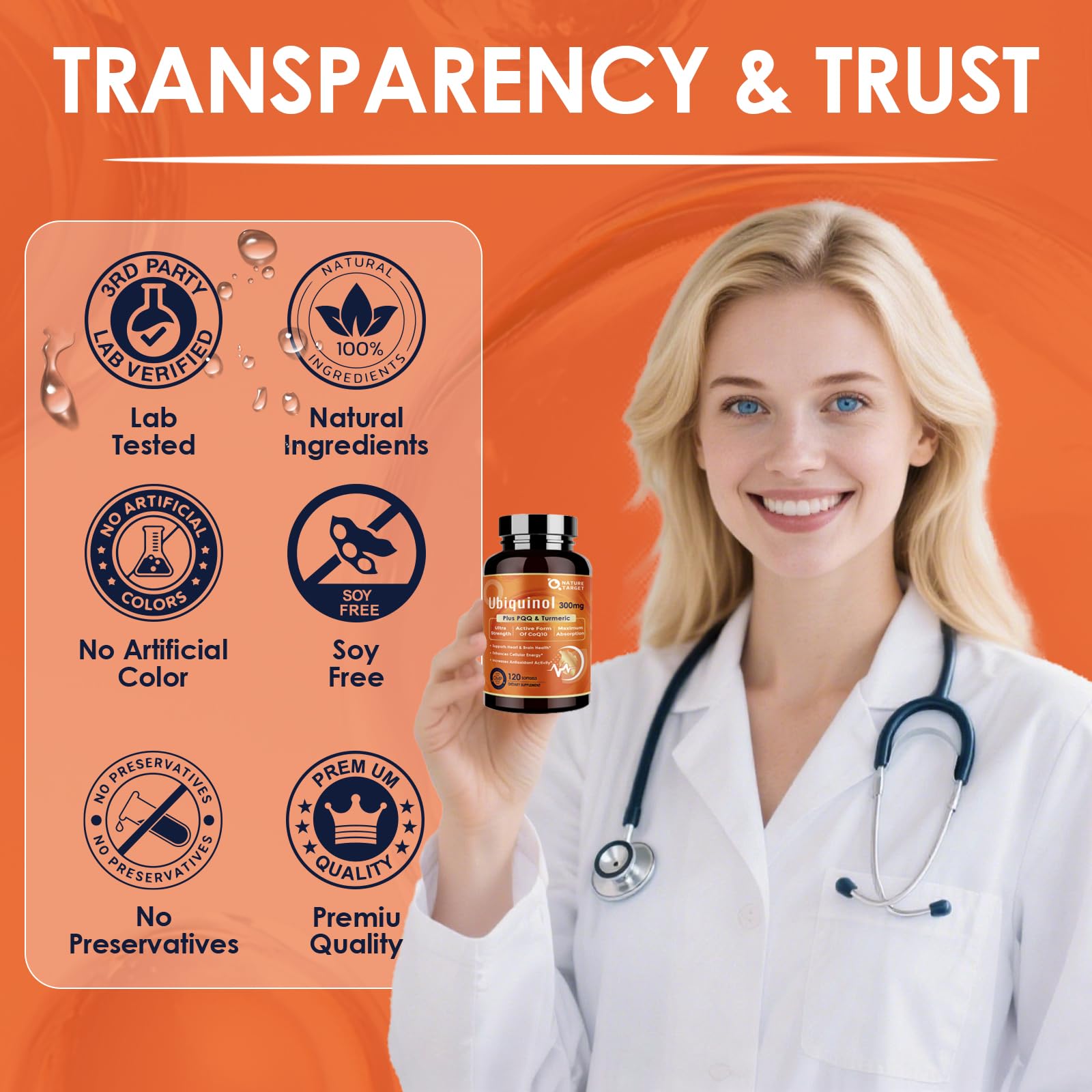 NATURE TARGET Ubiquinol CoQ10 300mg softgels with ingredients list