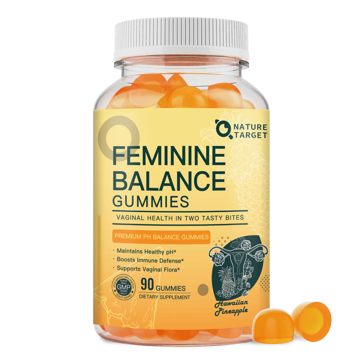 NATURE TARGET Vaginal Health Gummies bottle front view with Hawaiian Pineapple label