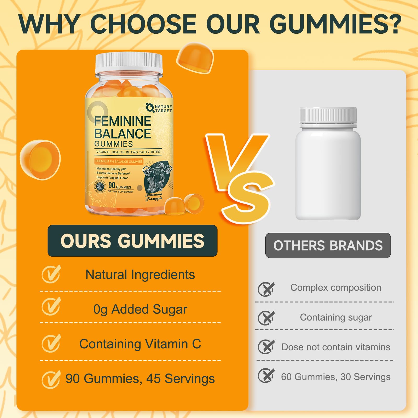 NATURE TARGET Vaginal Health Gummies on a kitchen counter with a glass of water