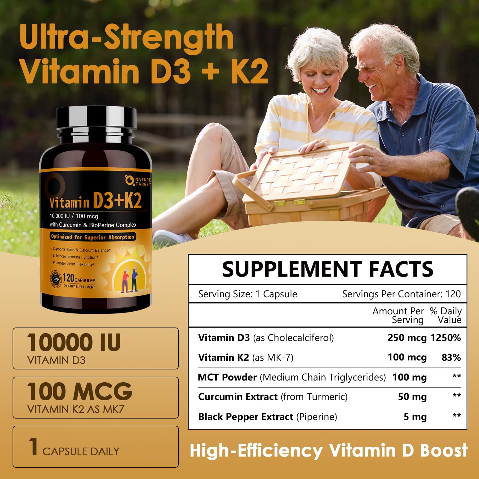 NATURE TARGET Vitamin D3 & K2 Capsules side view showing label