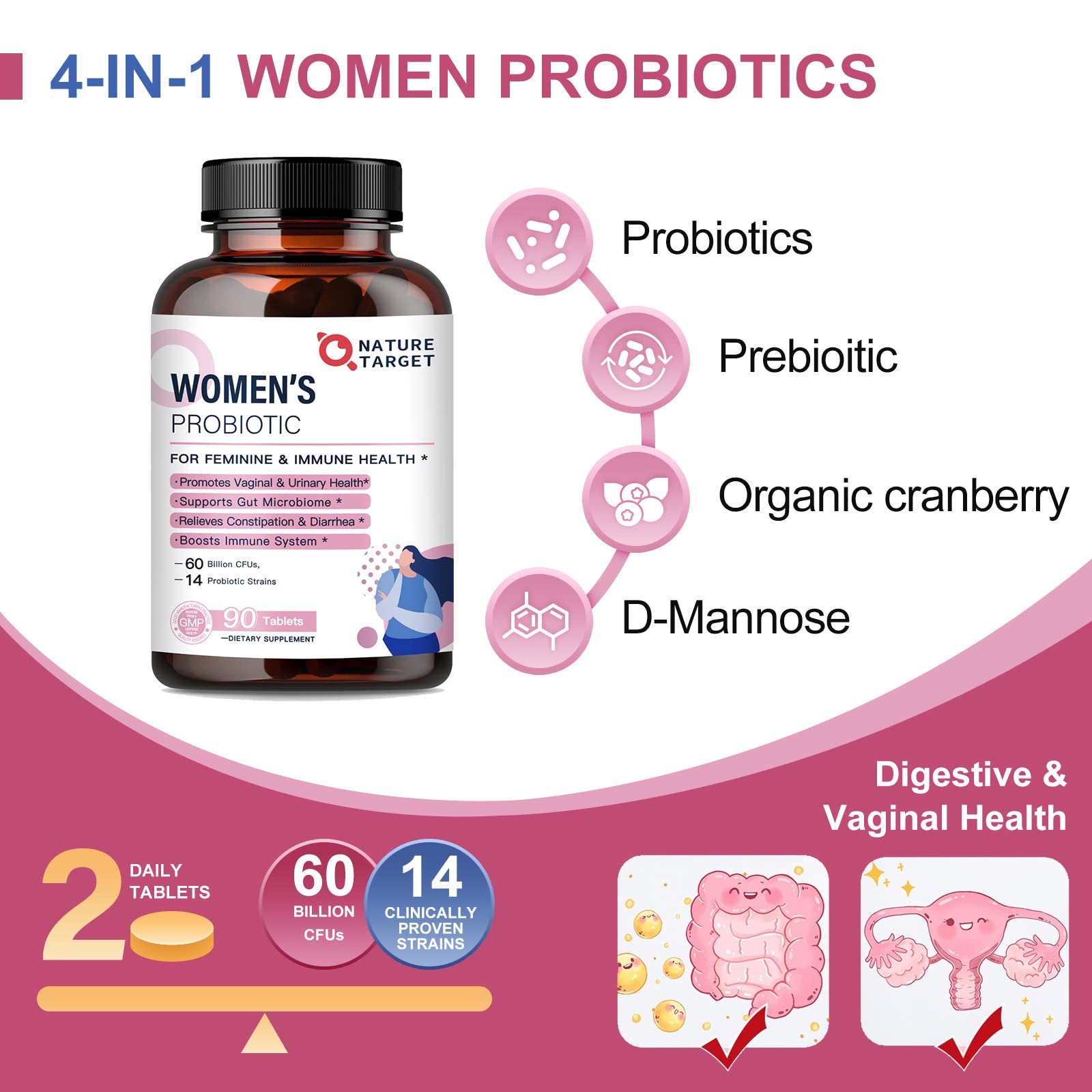 NATURE TARGET Women's Probiotics tablets in hand