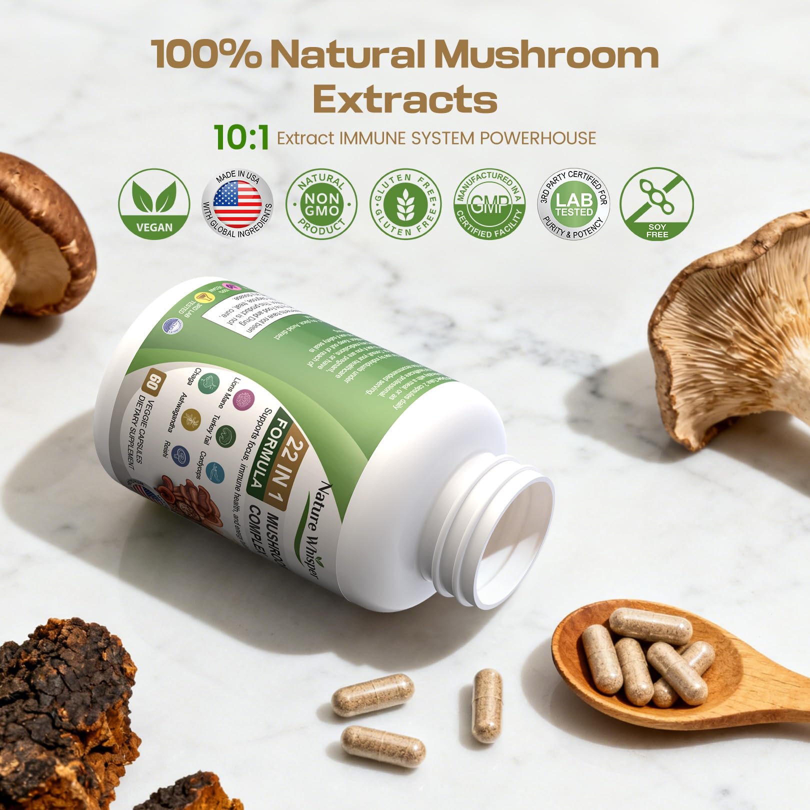 Nature Whisper Mushroom Complex 20 types capsules in a bowl