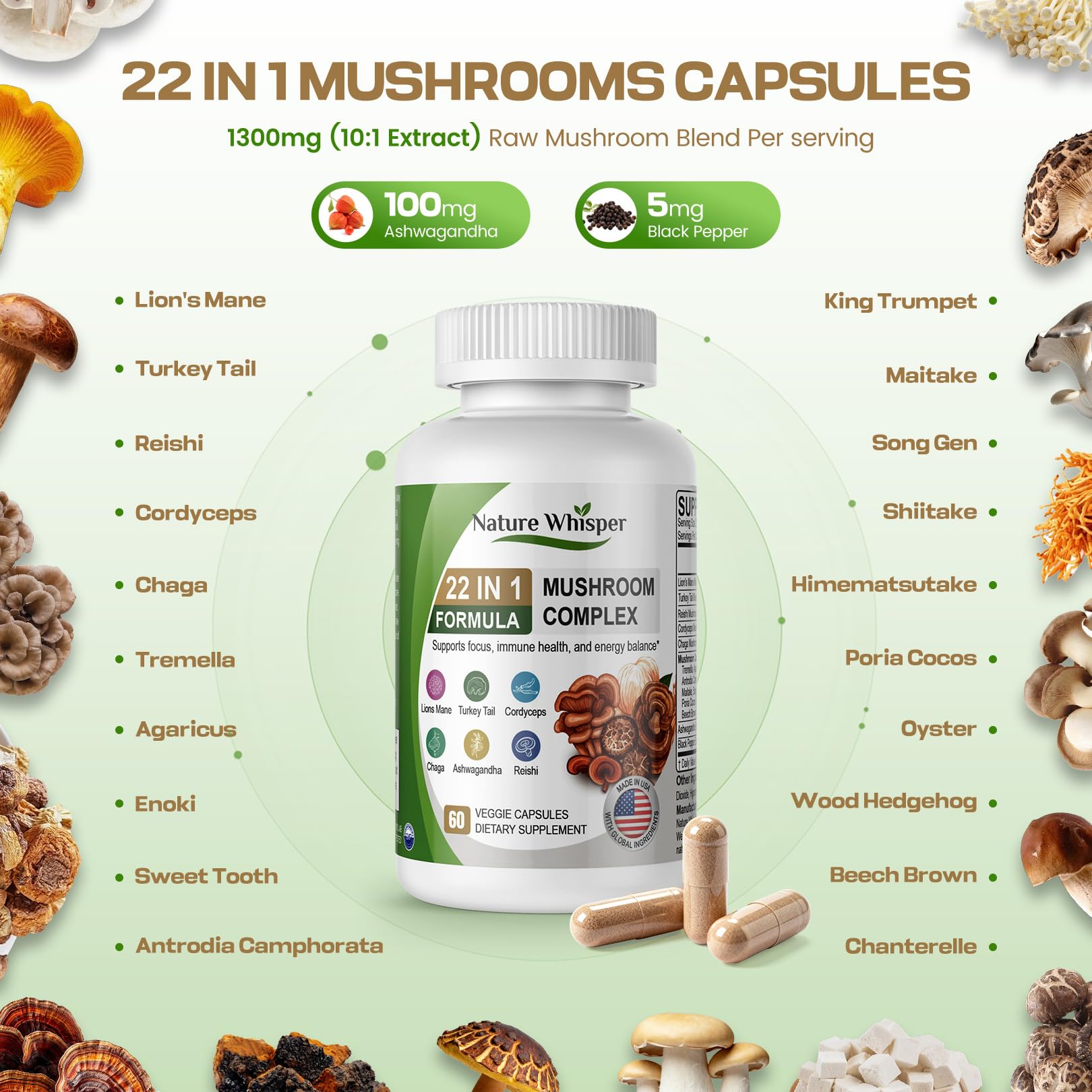 Nature Whisper Mushroom Complex 20 types capsules on a wooden table