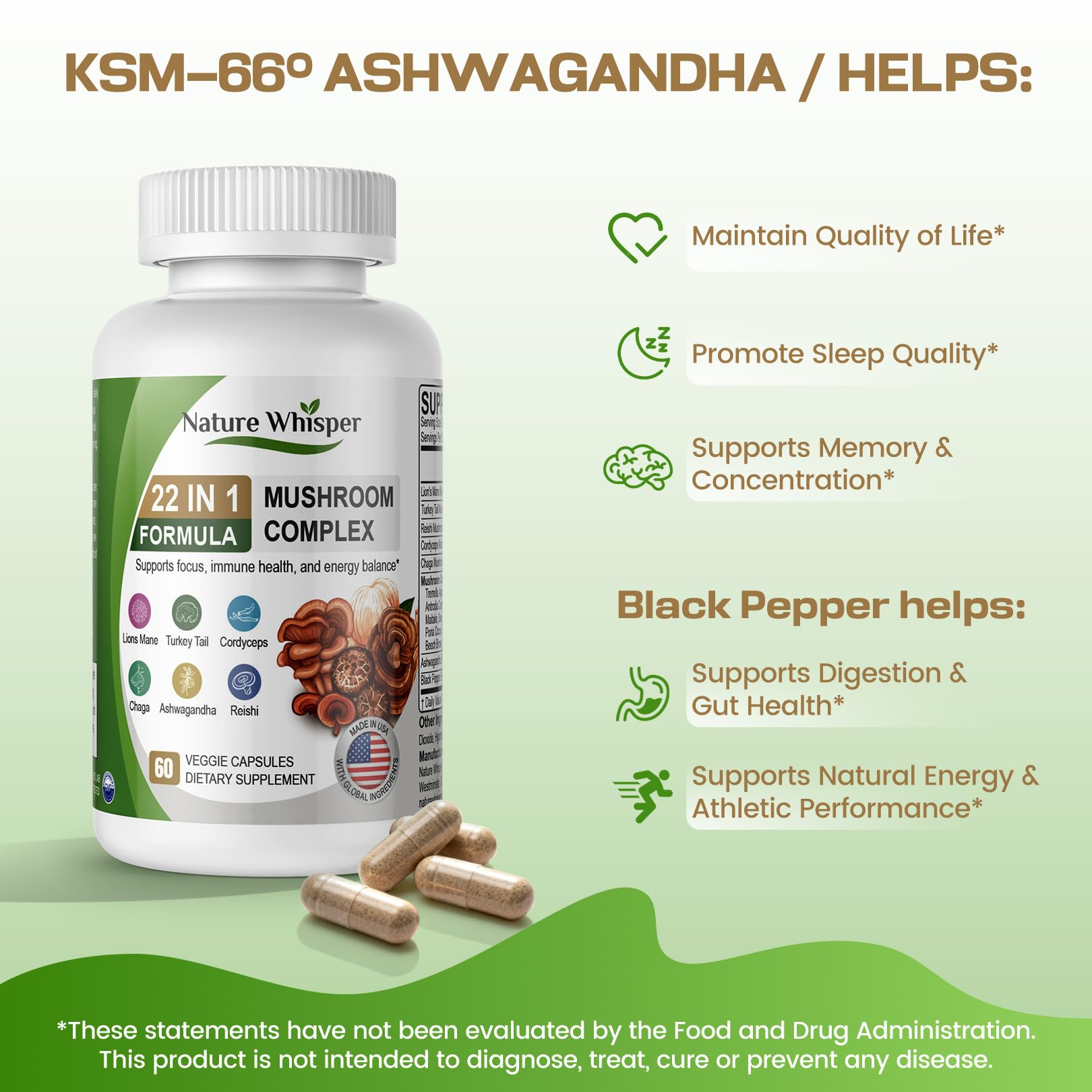 Nature Whisper Mushroom Complex 20 types capsules with Ashwagandha