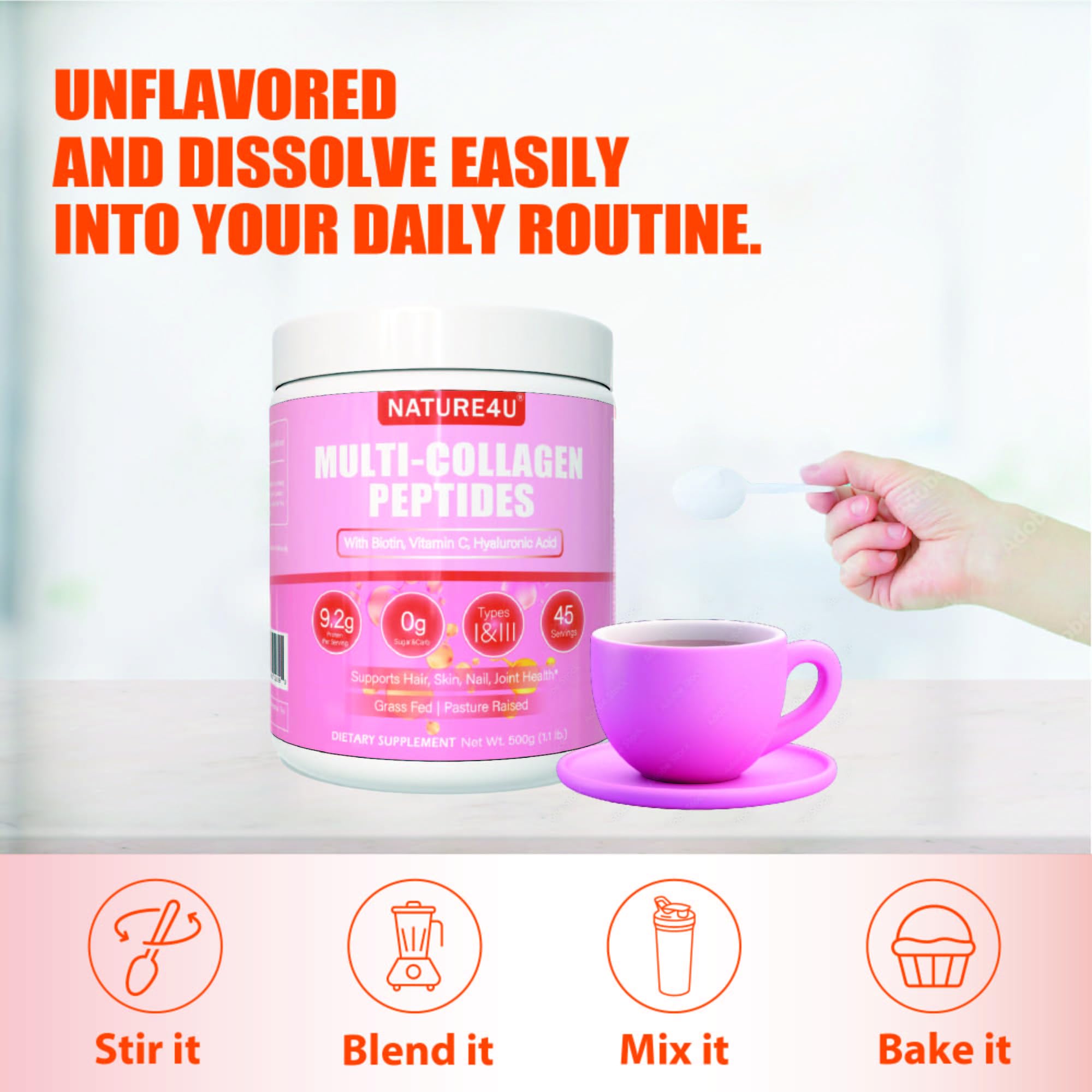 Nature4U Multi Collagen Peptides Powder mixed in hot beverage