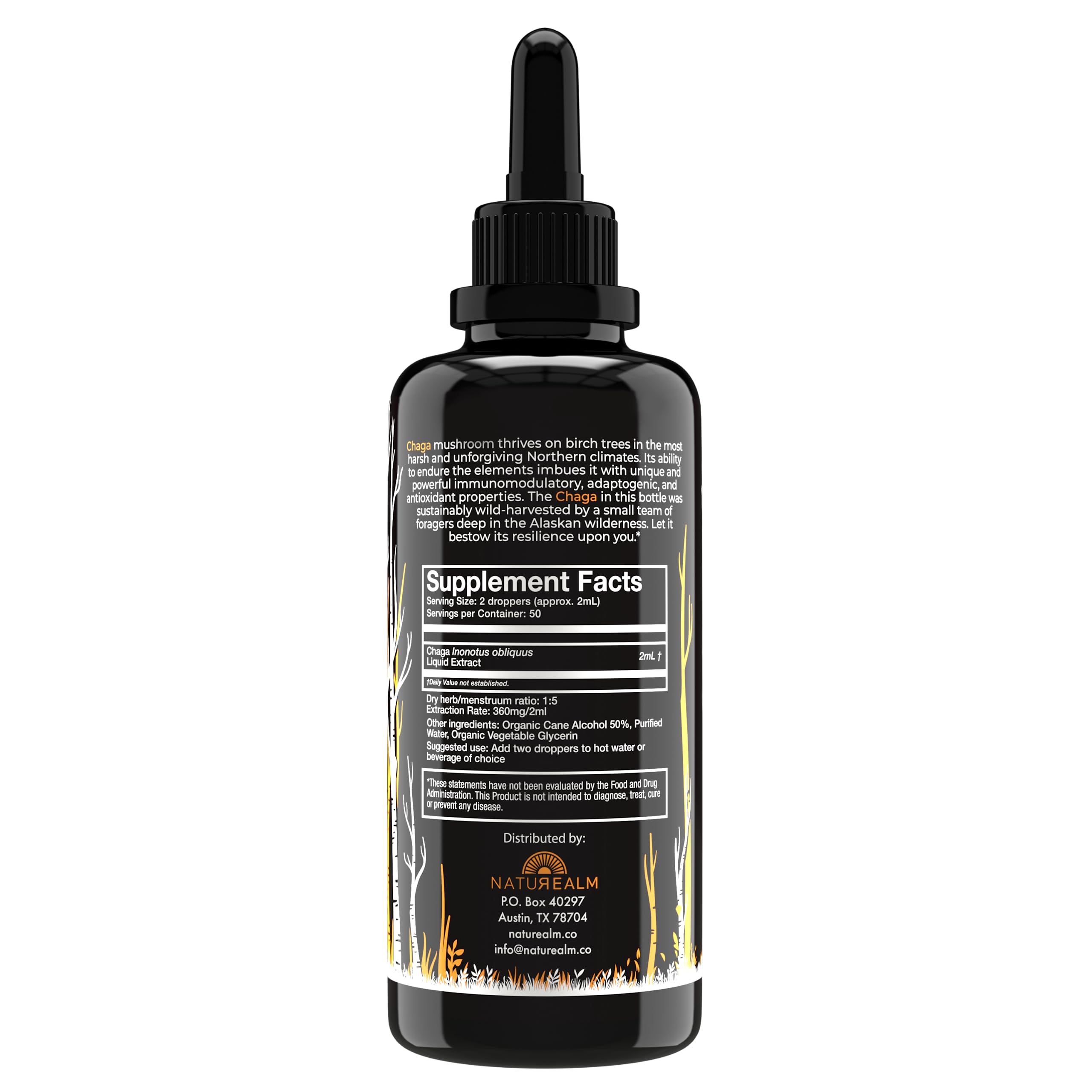 Naturealm Chaga Mushroom Tincture back view with ingredient list