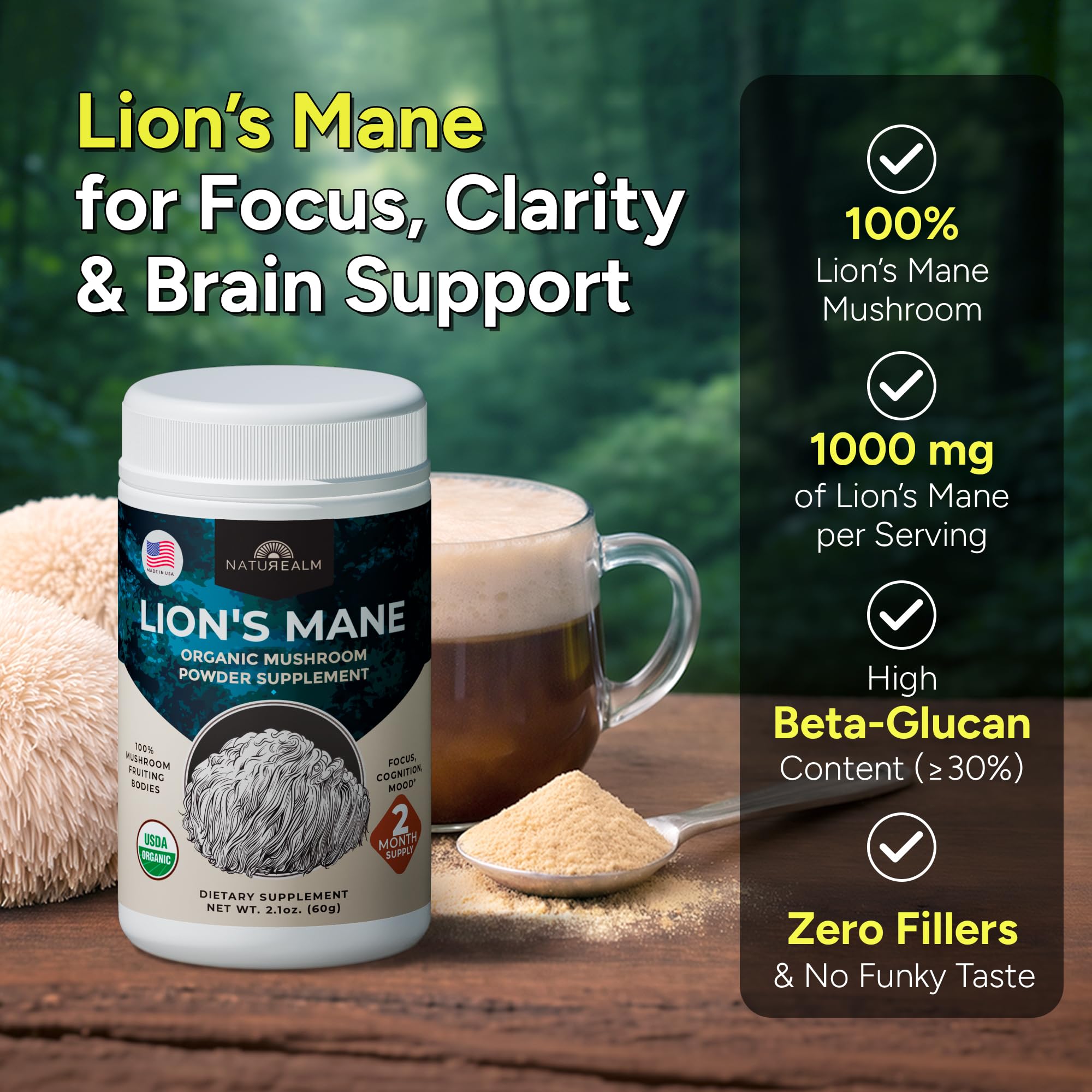 Naturealm Lion's Mane Mushroom Powder back view with nutritional information