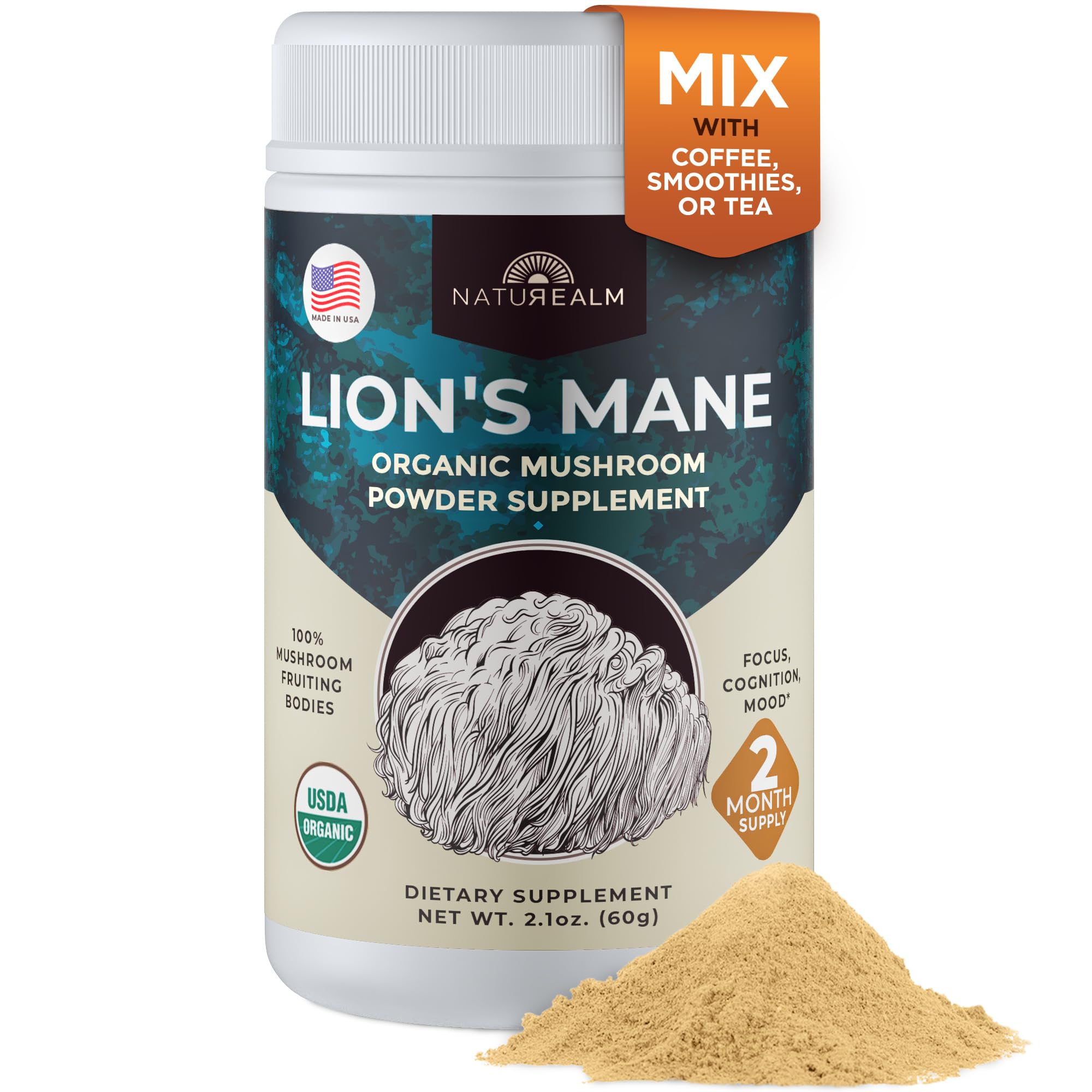 Naturealm Lion's Mane Mushroom Powder front view packaging