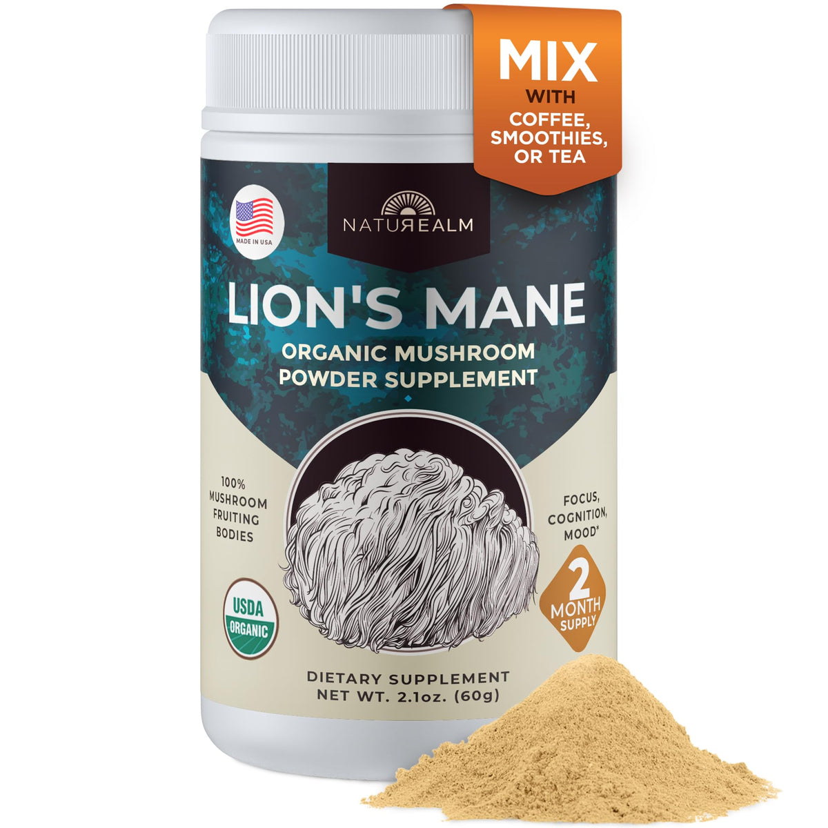 Naturealm Lion's Mane Mushroom Powder front view packaging