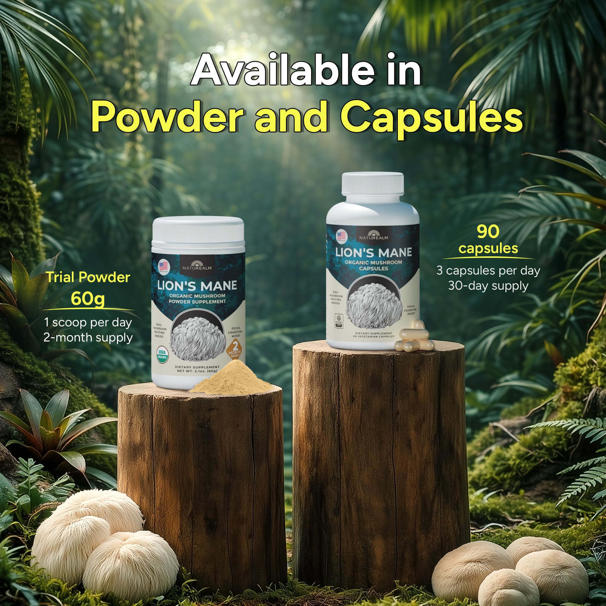 Naturealm Lion's Mane Mushroom Powder with a teaspoon for serving