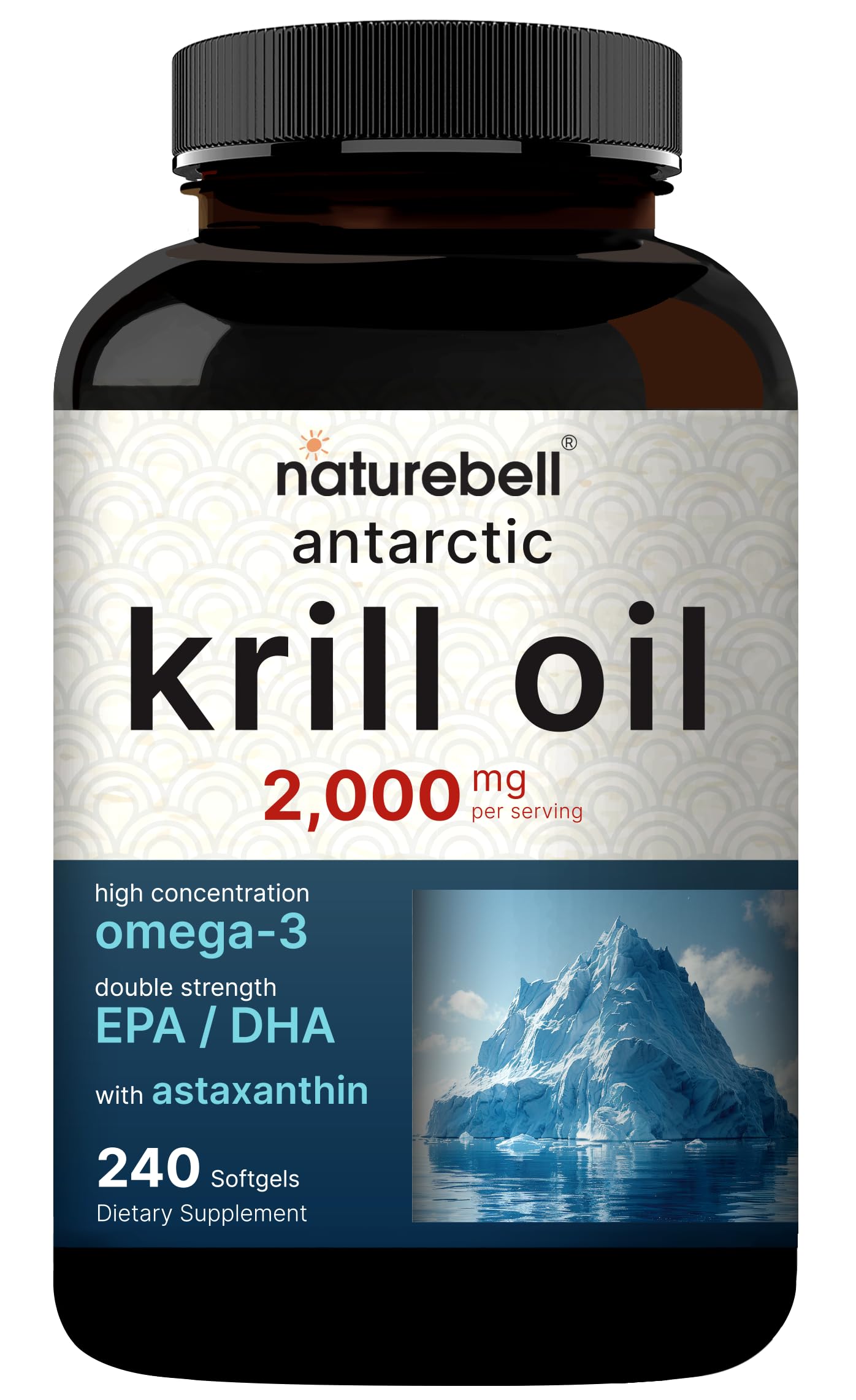 NatureBell Antarctic Krill Oil Softgels with a measuring spoon