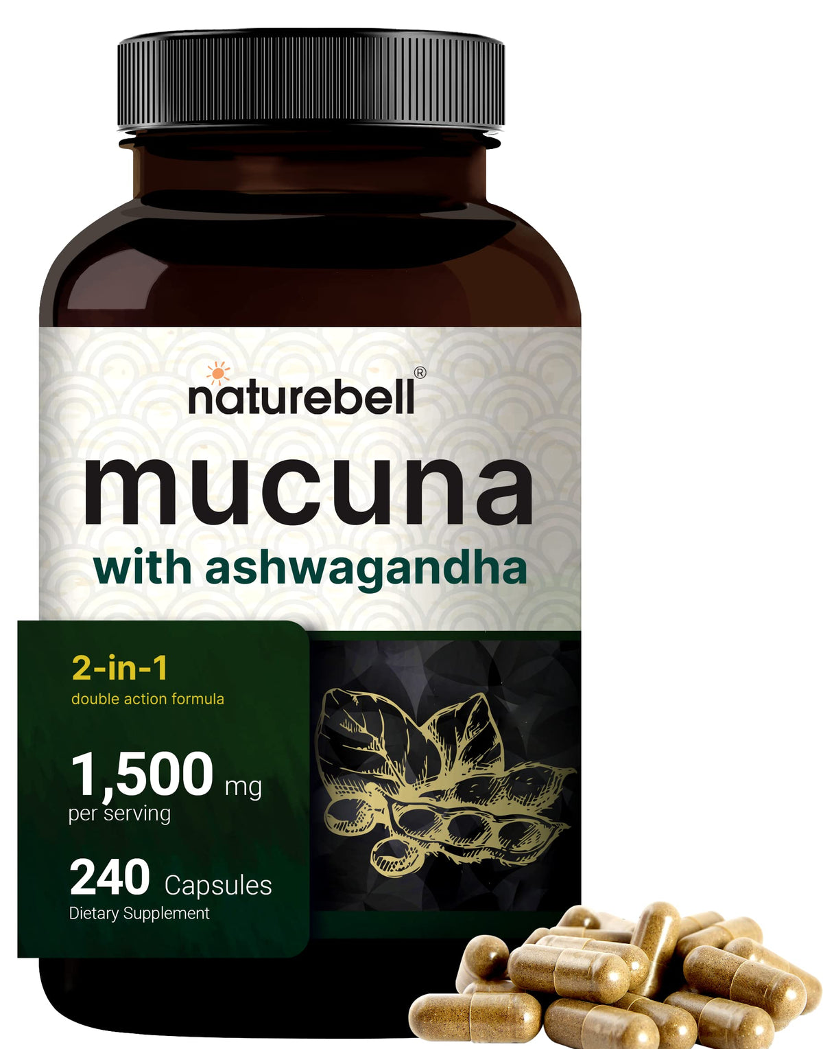 NatureBell Ashwagandha with Mucuna Pruriens 240 capsules front view