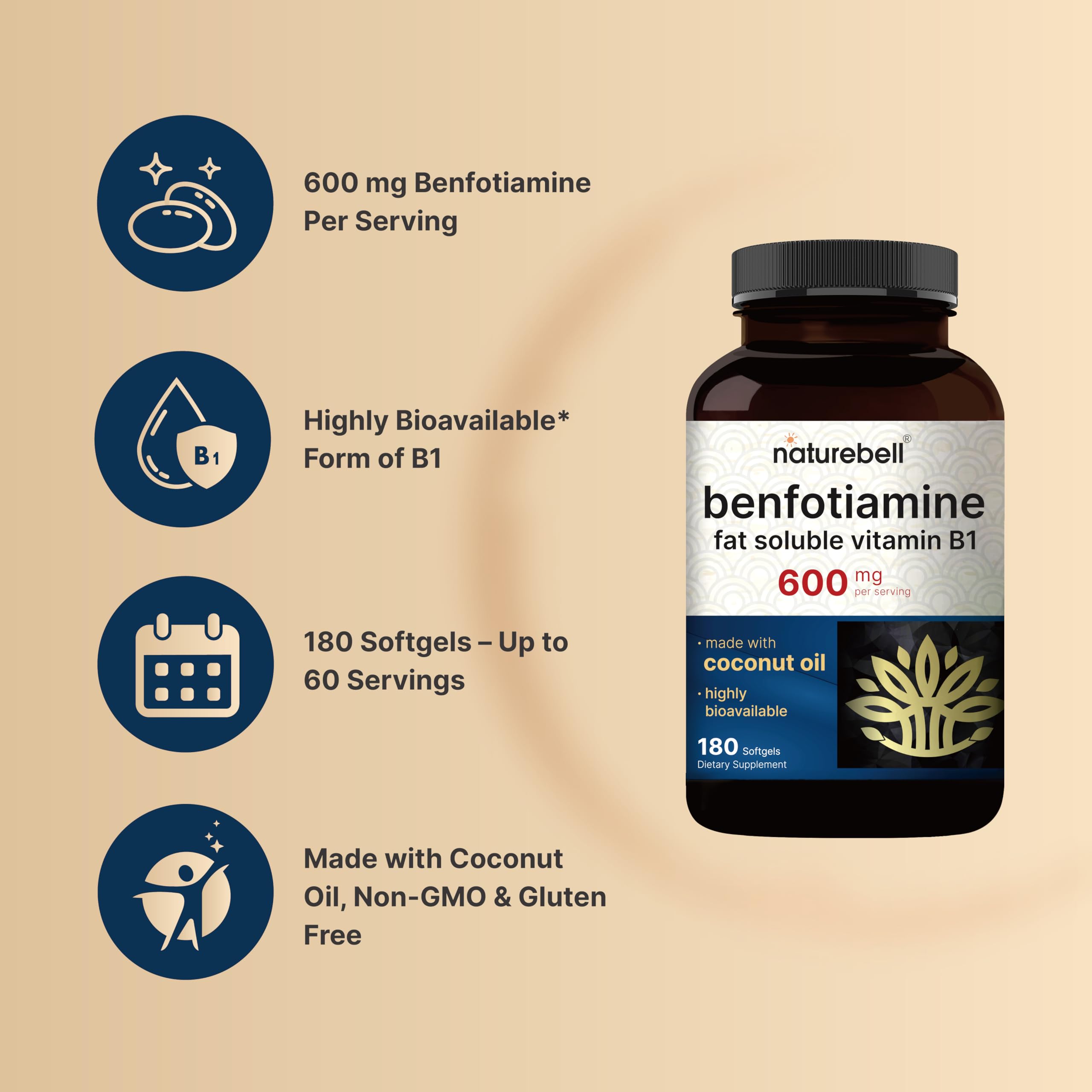 NatureBell Benfotiamine Vitamin B1 600mg softgels with bottle