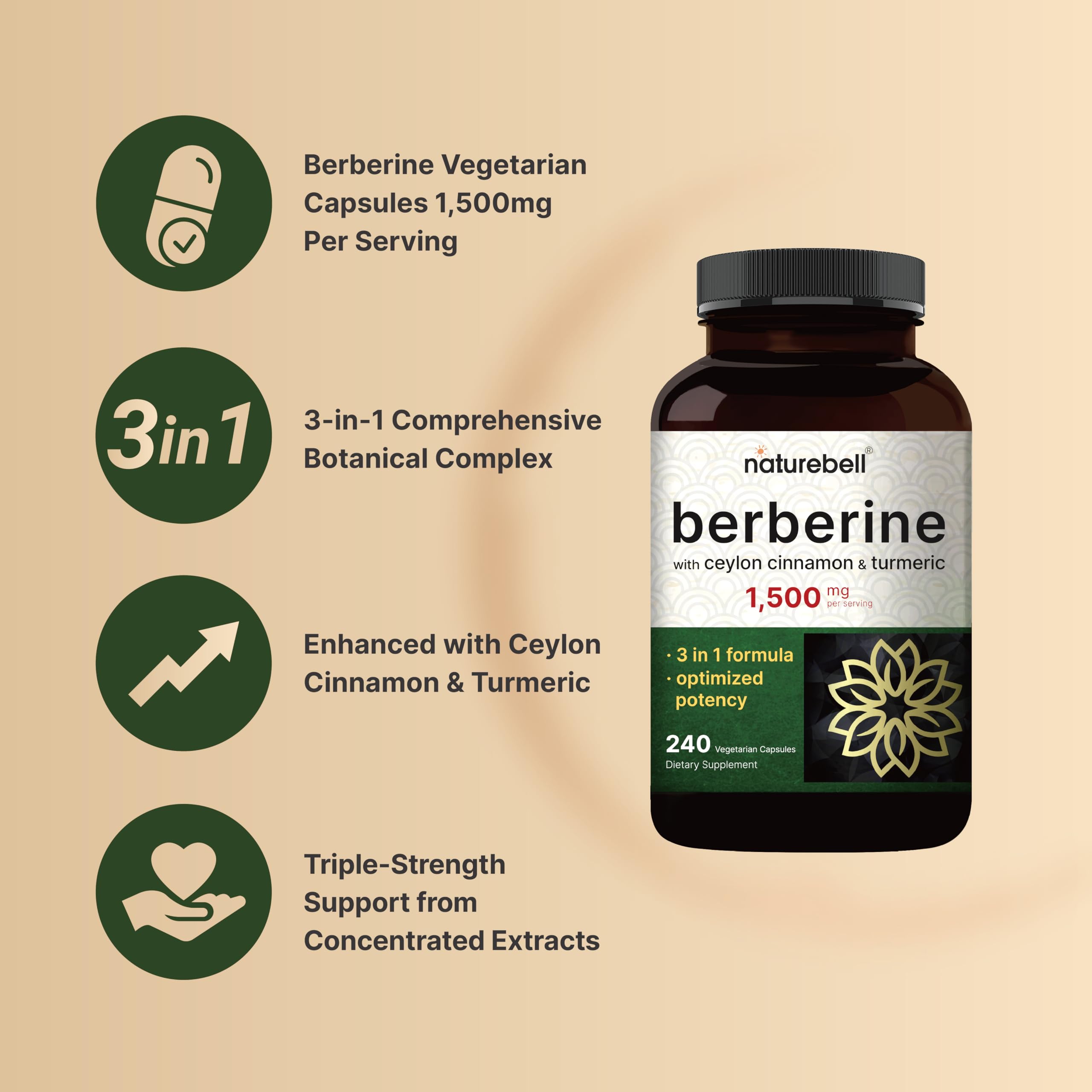 NatureBell Berberine capsules with Ceylon cinnamon and turmeric ingredients