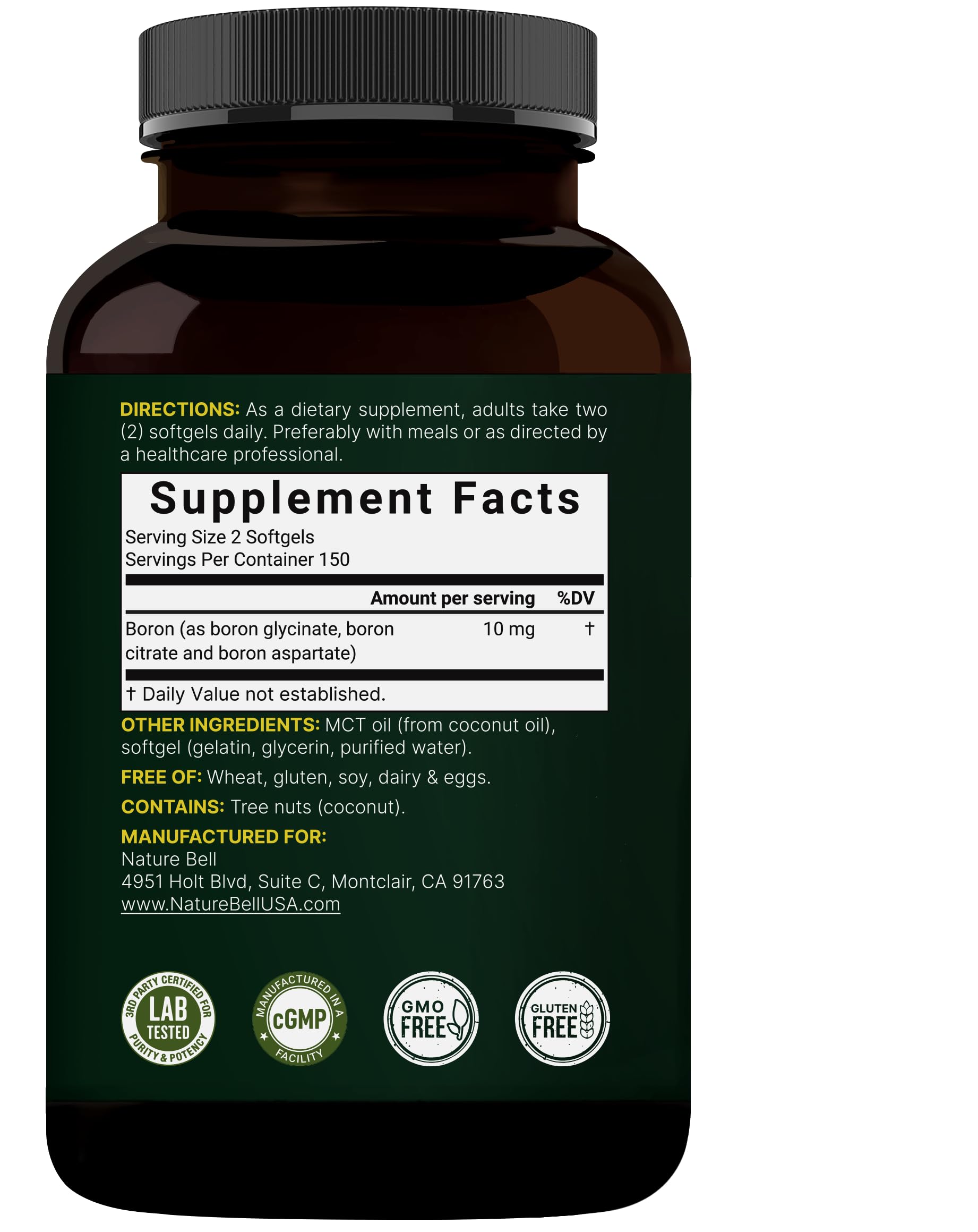 NatureBell Boron Complex softgels in a hand for size comparison