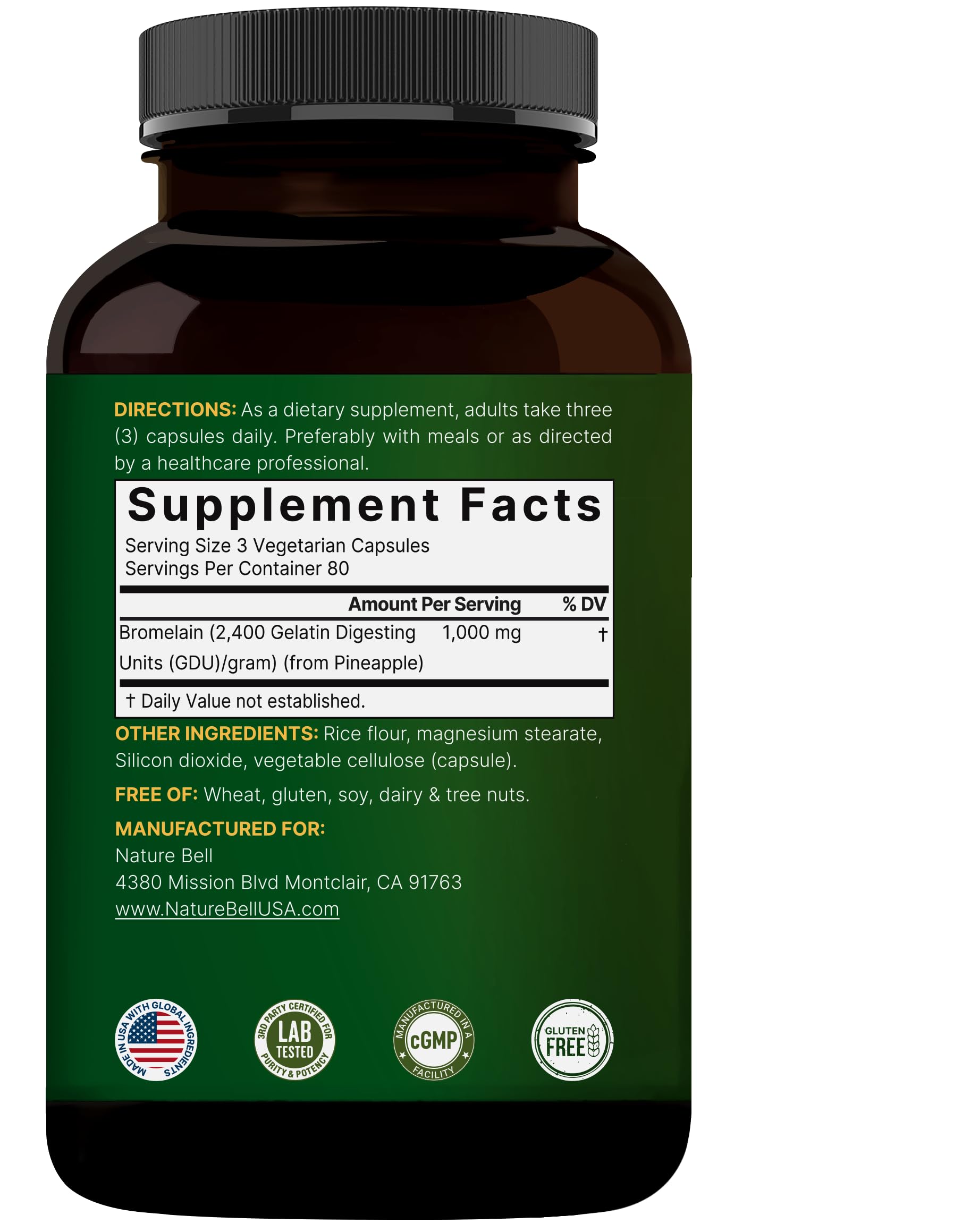 NatureBell Bromelain Supplement 240 veggie capsules back view