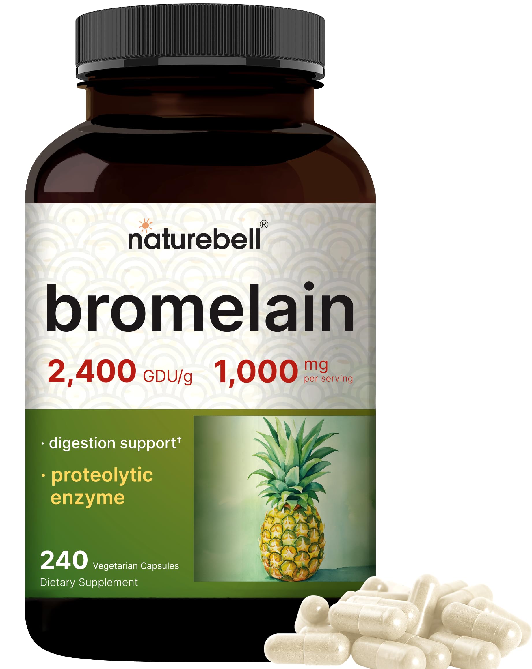 NatureBell Bromelain Supplement 240 veggie capsules front view