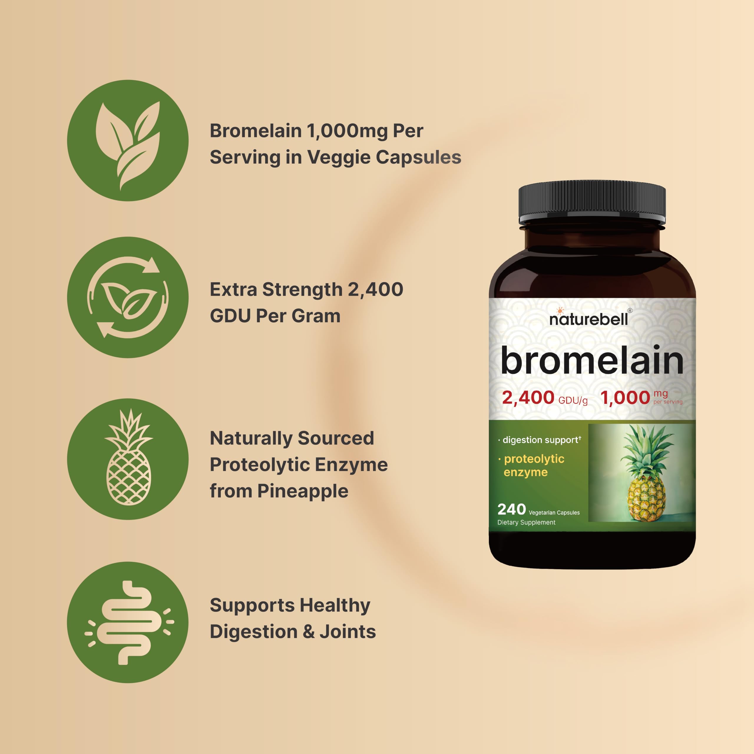 NatureBell Bromelain Supplement 240 veggie capsules packaging