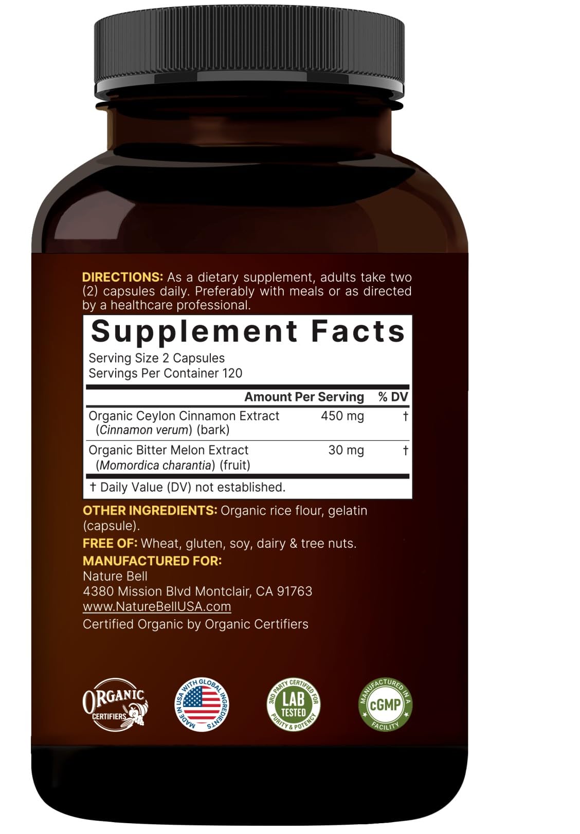 NatureBell Ceylon Cinnamon & Bitter Melon Capsules opened bottle