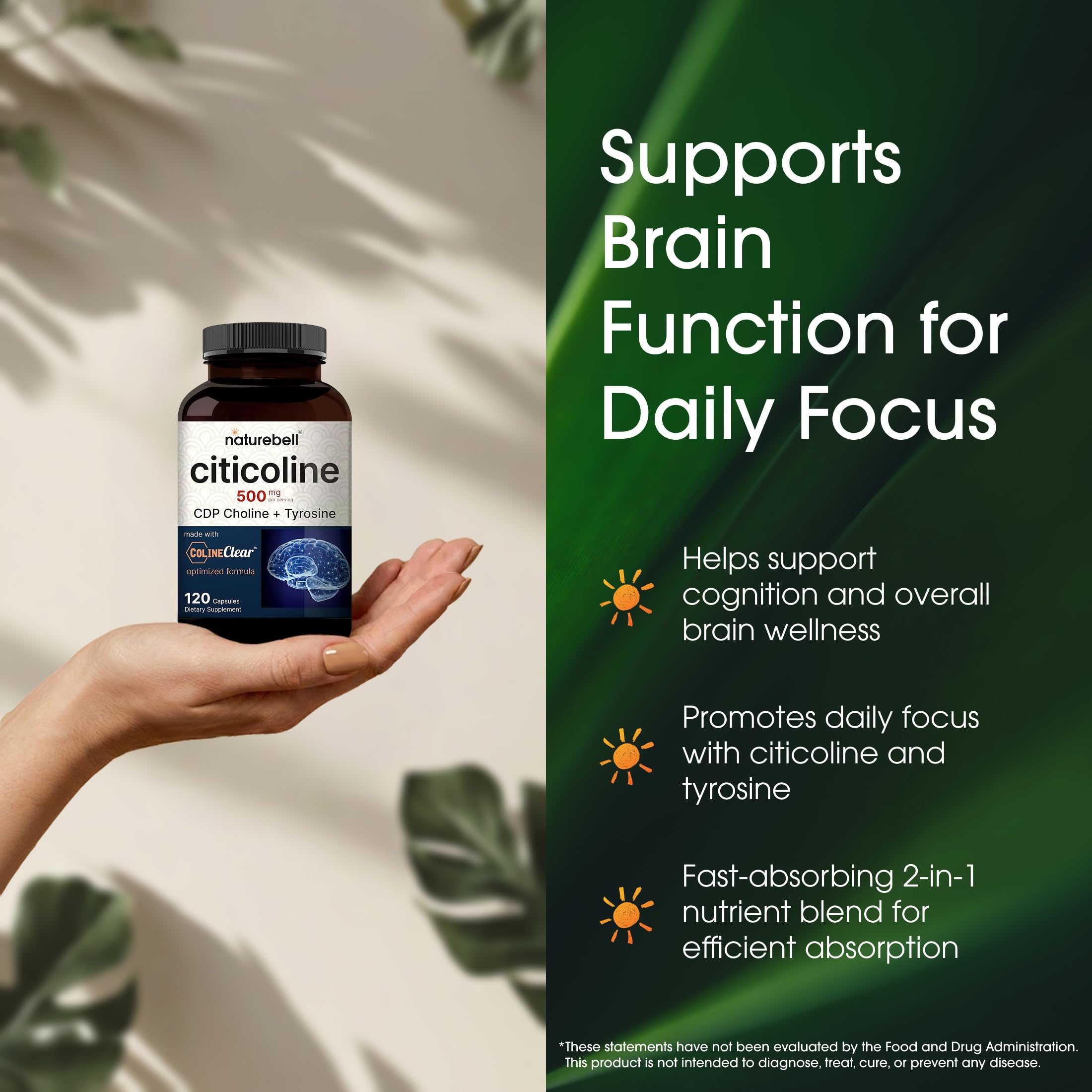 NatureBell Citicoline 500mg Tyrosine 50mg capsules with packaging
