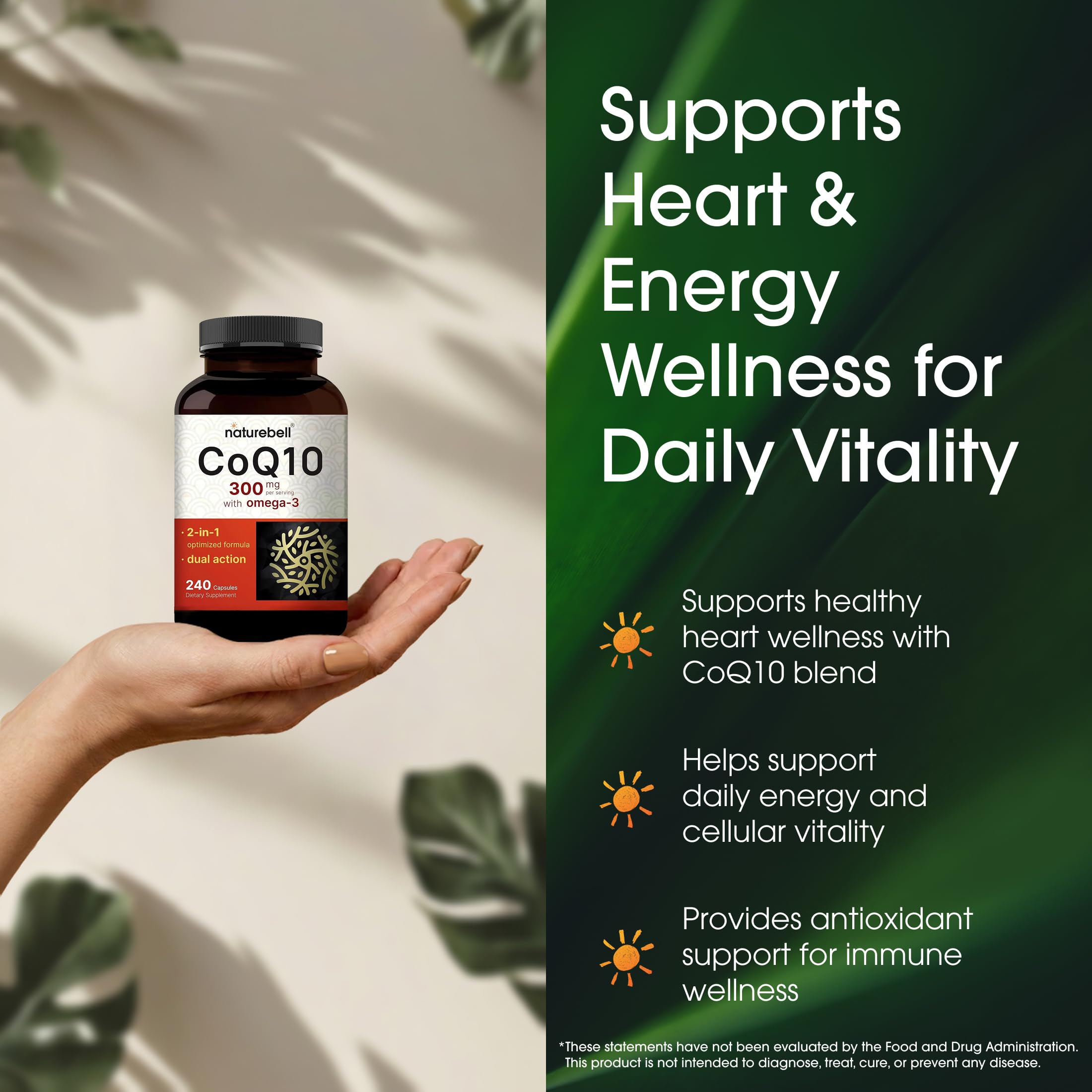 NatureBell CoQ10 300mg with Omega-3 100mg capsules on a wooden surface
