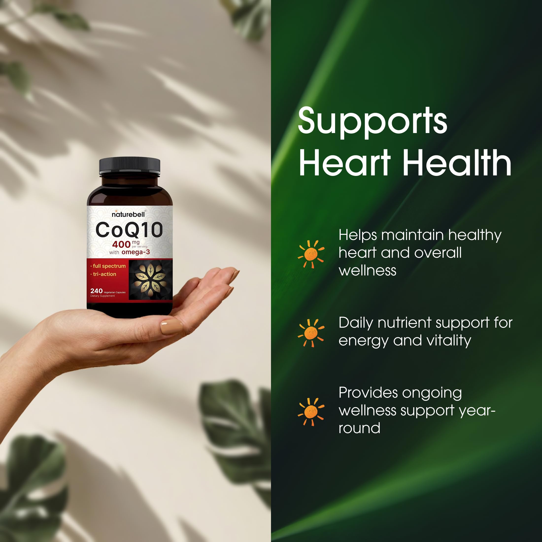 NatureBell CoQ10 400mg Omega-3 Fatty Acids Capsules in hand