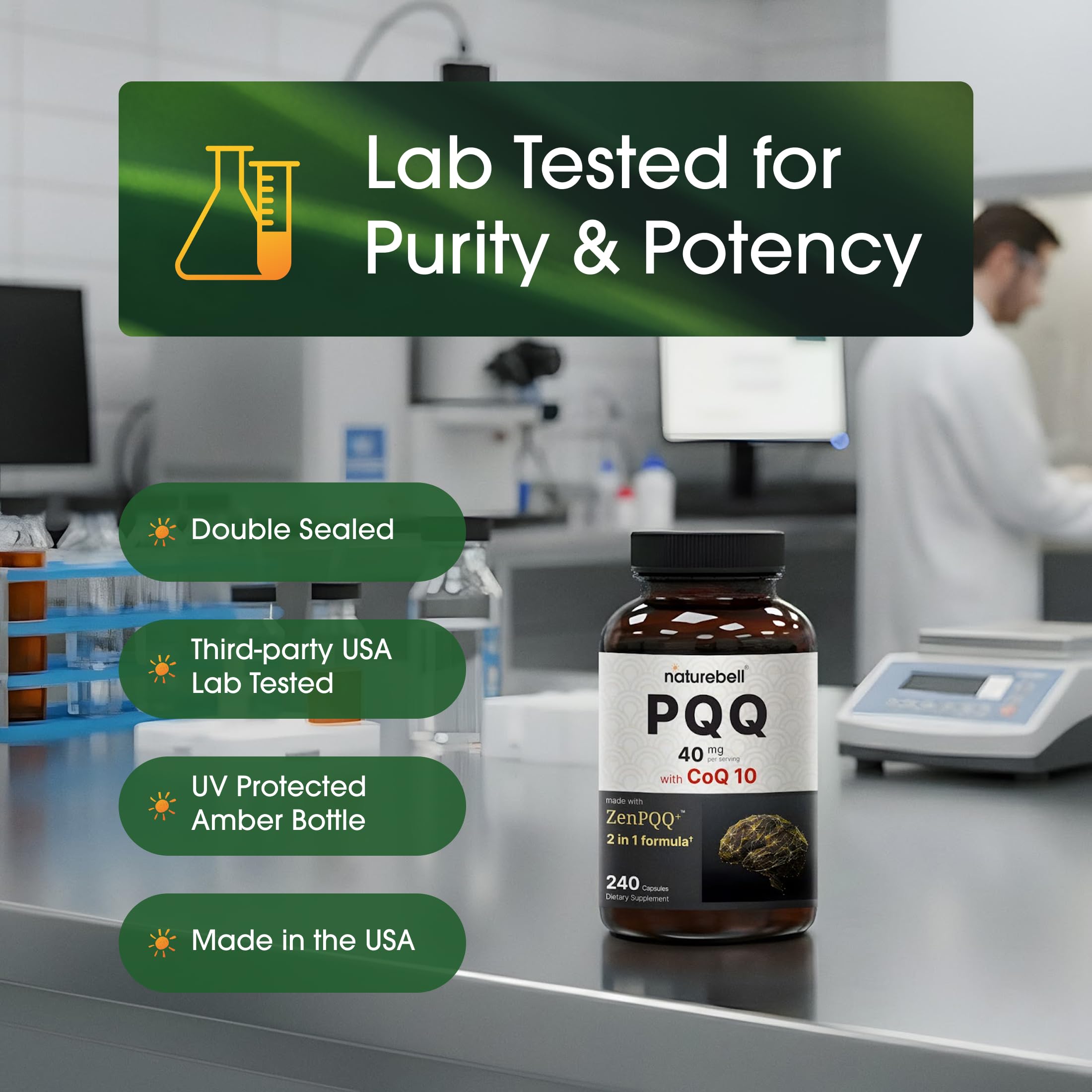 NatureBell CoQ10 supplement with PQQ close-up of capsules