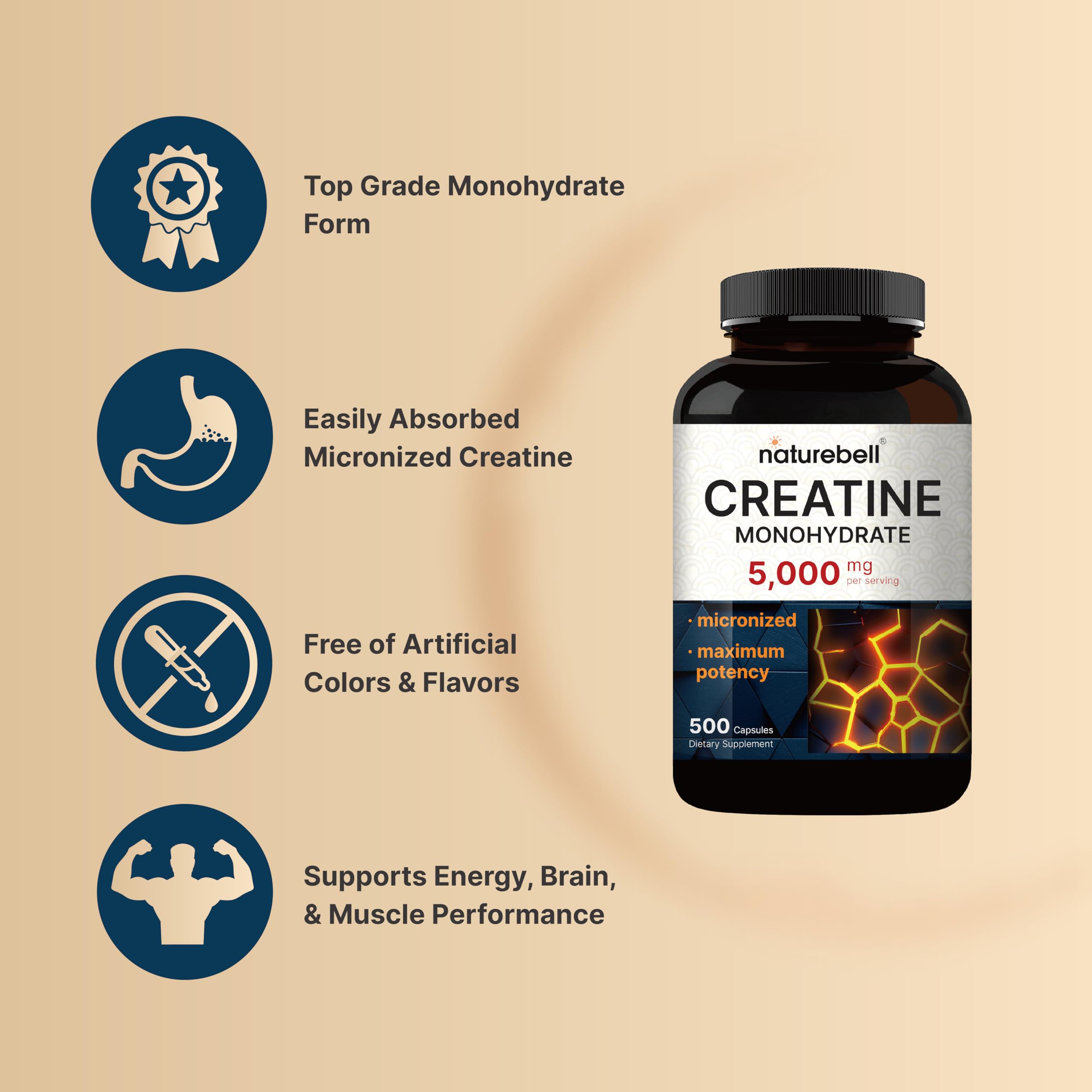 NatureBell Creatine Capsules on a gym bench with weights